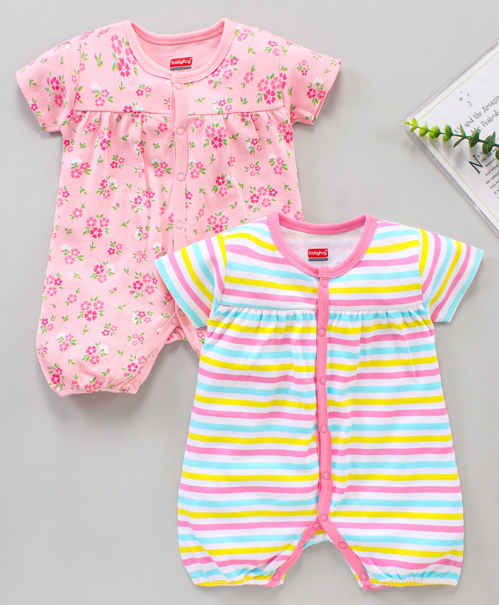 Babyhug 100% Cotton Half Sleeves Romper Pack of 2 - Pink White-picture-19