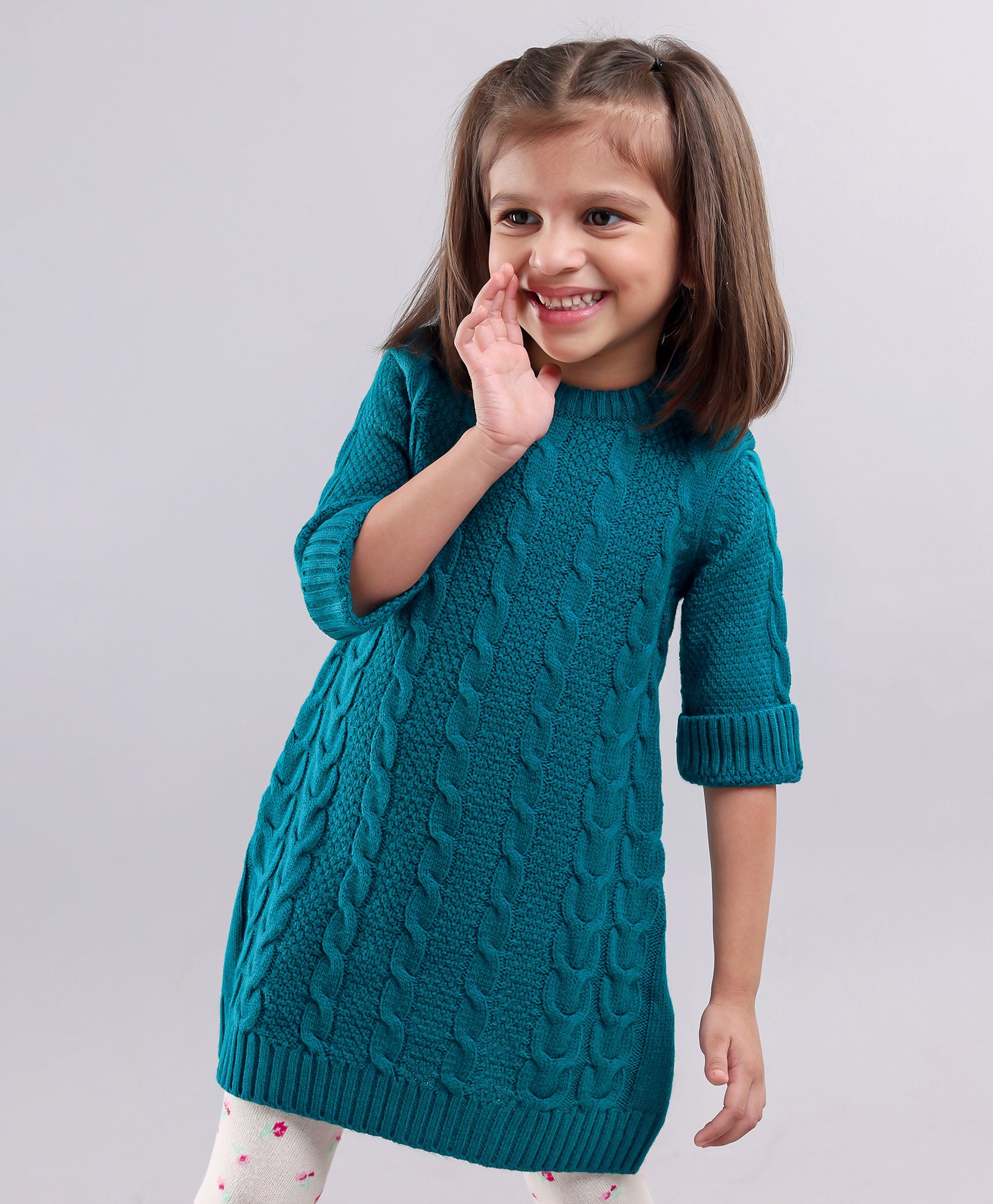 Babyhug Three Fourth Sleeves Cable Knit Woollen Dress - Blue-image-48