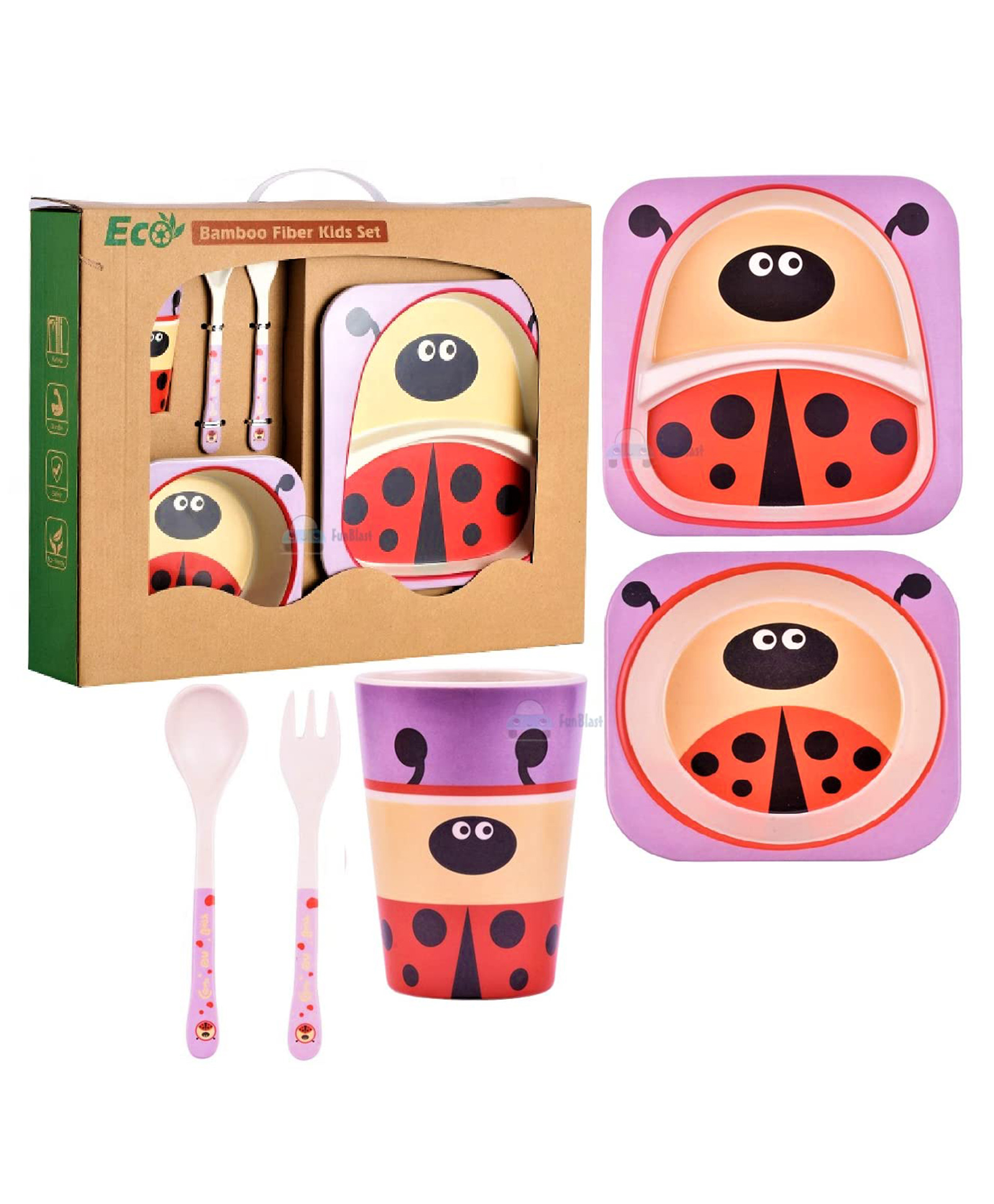 FunBlast Bamboo Fiber Feeding Set Bug Print Multicolour - 5 Pieces Set-image-1