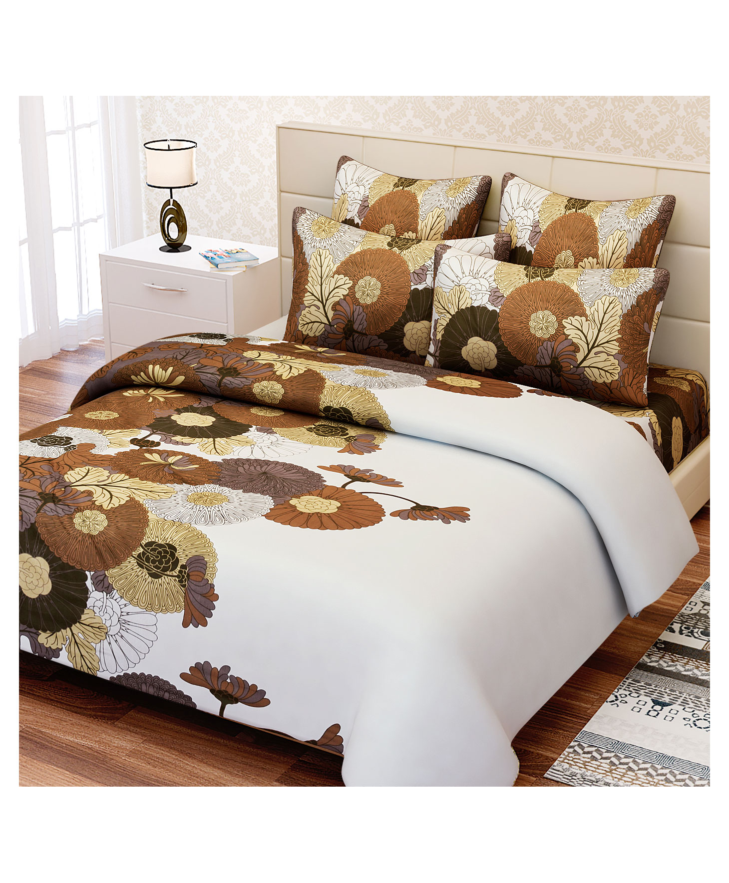 SEJ by Nisha Gupta Cotton King Bedsheet with Pillow Covers Set Floral Print - Brown-image-41
