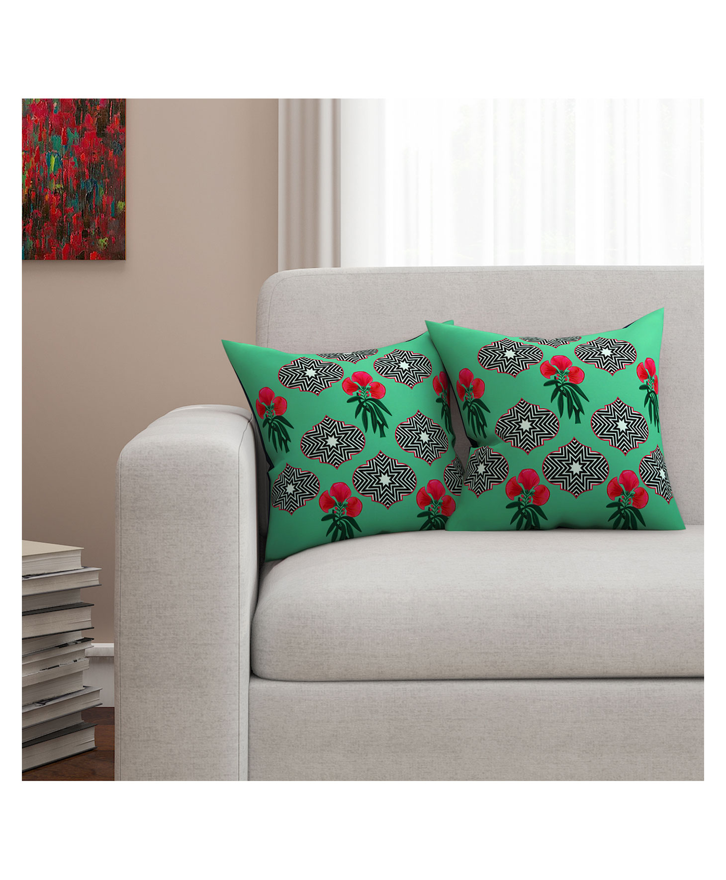 Sej By Nisha Gupta Floral Premium 16 By 16 Cushion Covers Pack of 2 - Green