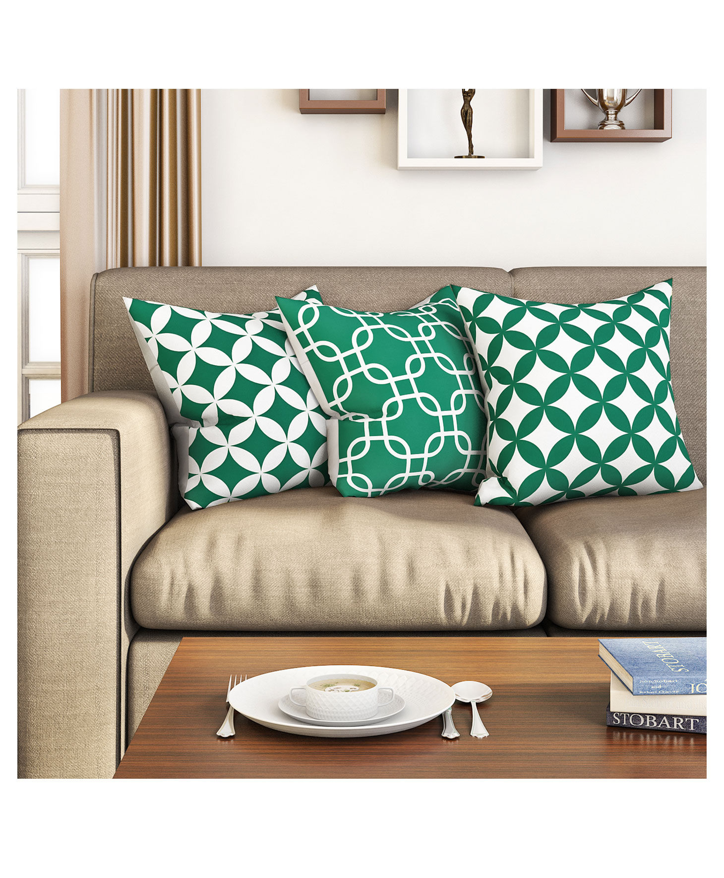 SEJ by Nisha Gupta Geometric Premium 16 by 16 Cushion Covers Set of 3 - Green-image-5