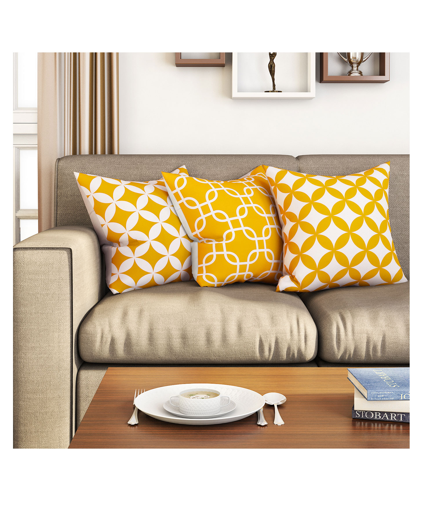 SEJ by Nisha Gupta Geometric Premium 16 by 16 Cushion Covers Set of 3 - Yellow-image-5