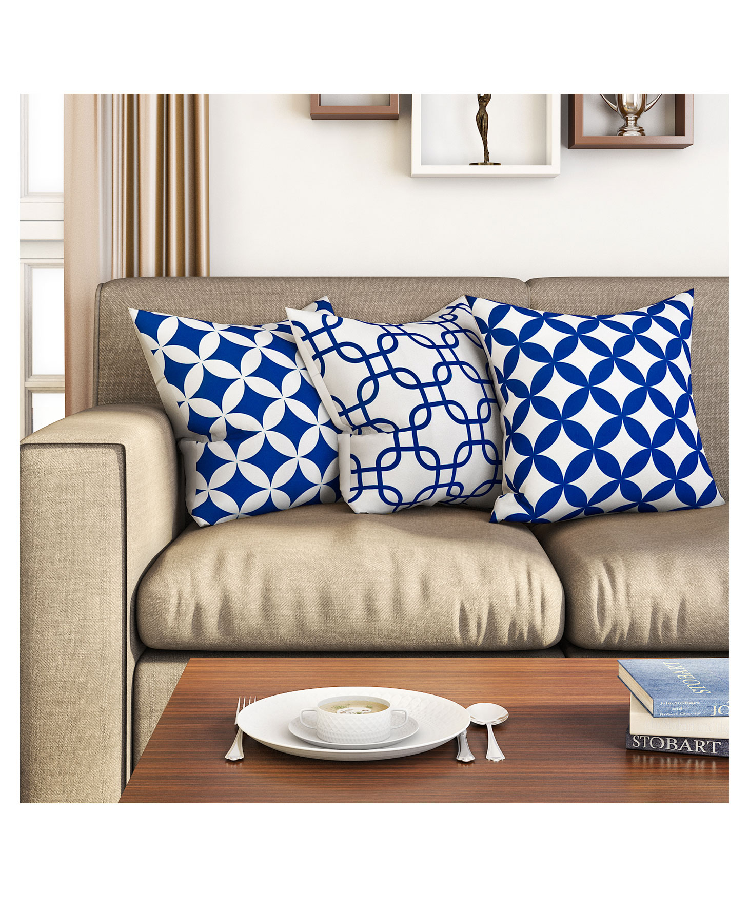 SEJ by Nisha Gupta Geometric Premium 16 by 16 Cushion Covers Set of 3 - Blue-image-22