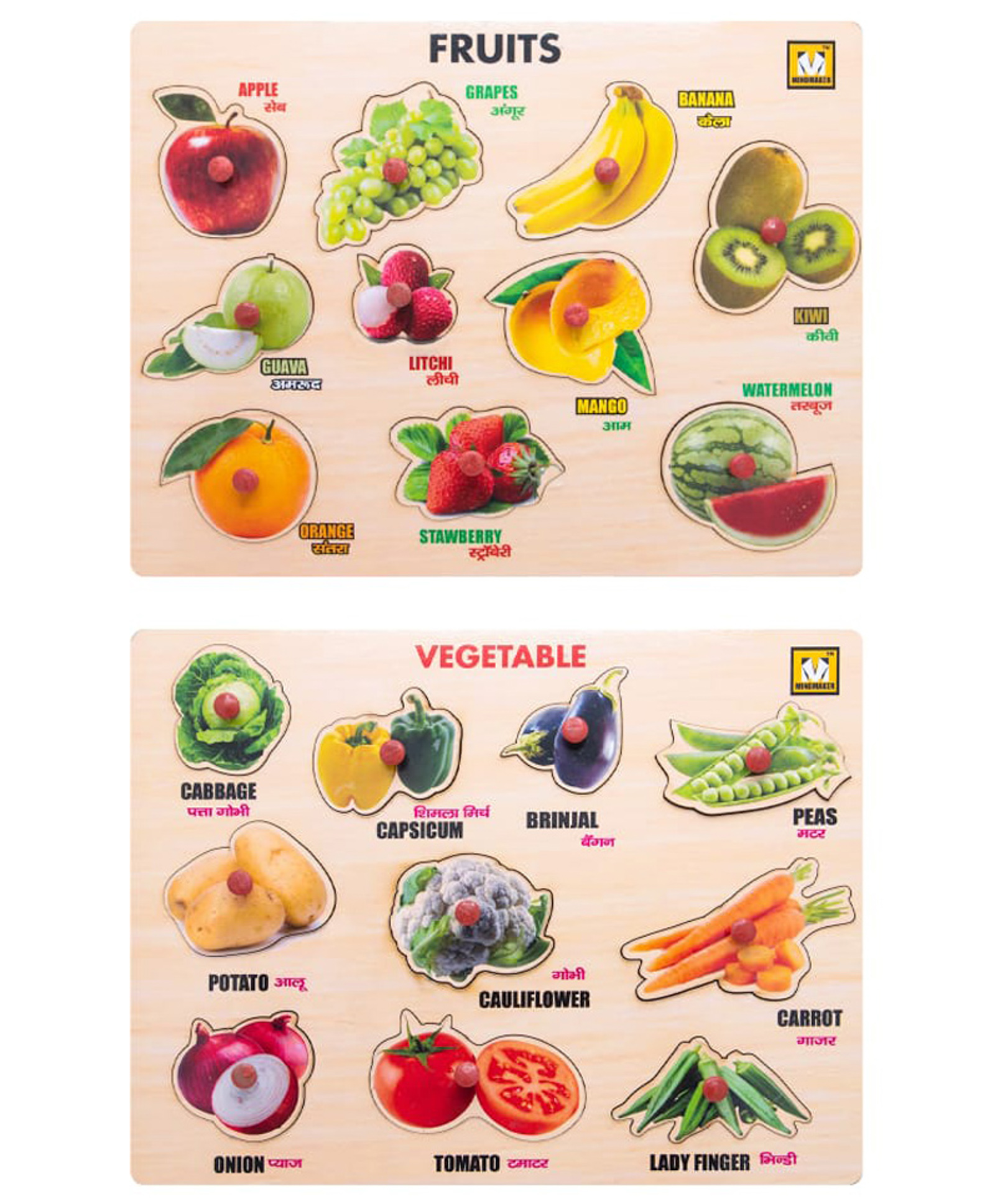 MINDMAKER Wooden Knob and Peg Fruits and Vegetables Puzzle Pack of 2 Multicolour - 20 pieces-image-38