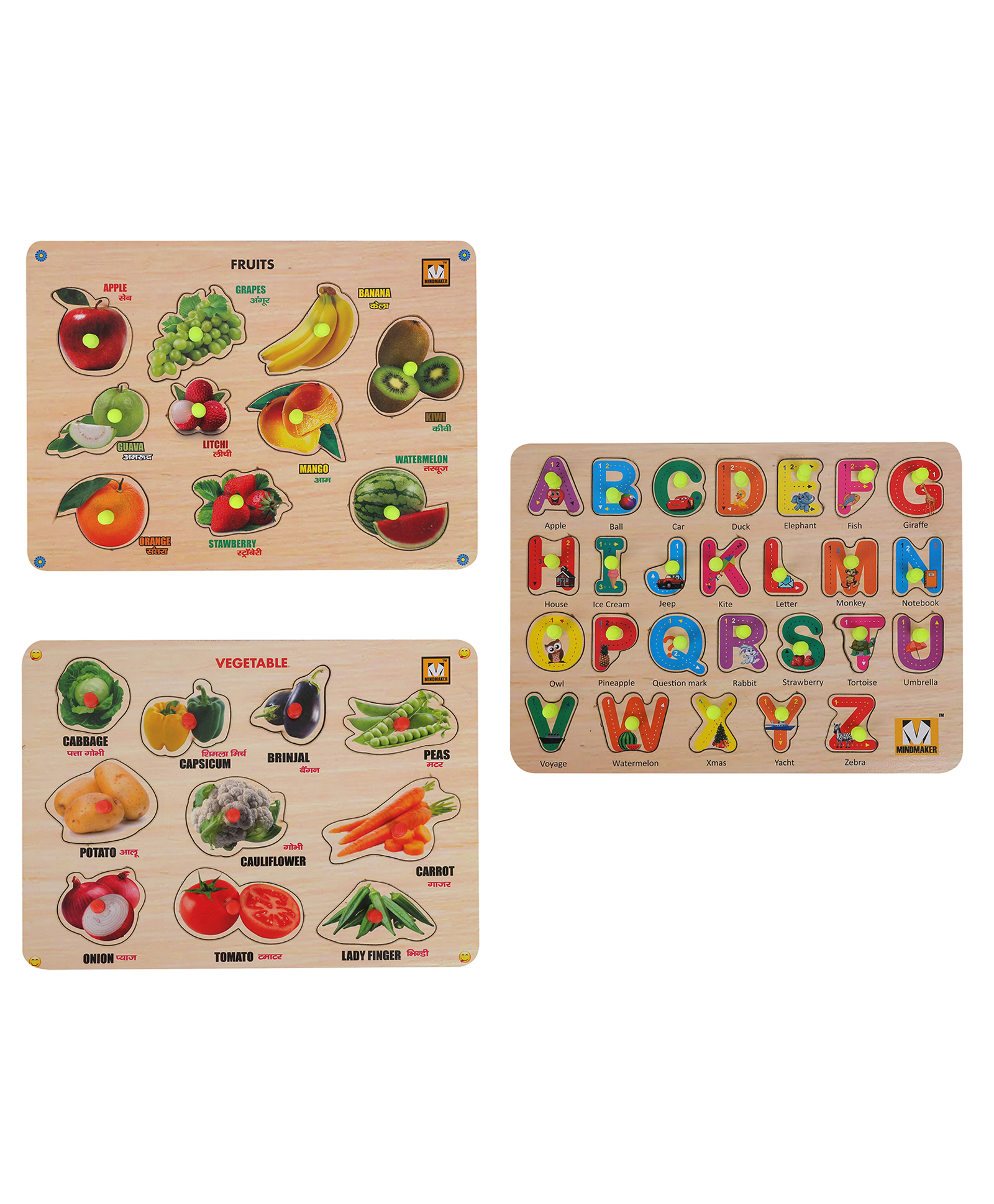 MINDMAKER Wooden Alphabtes, Vegetables & Fruits Knob Puzzles Multicolour - 49 Pieces-image-30
