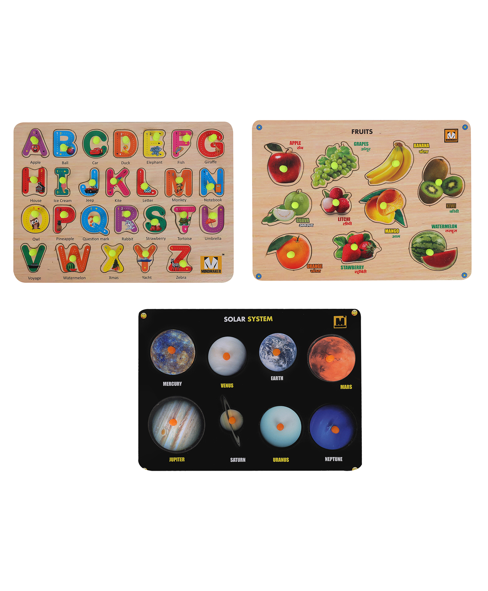 MINDMAKER Alphabets Fruits Solar System Wooden Puzzle With Knobs - 45 Pieces-image-20