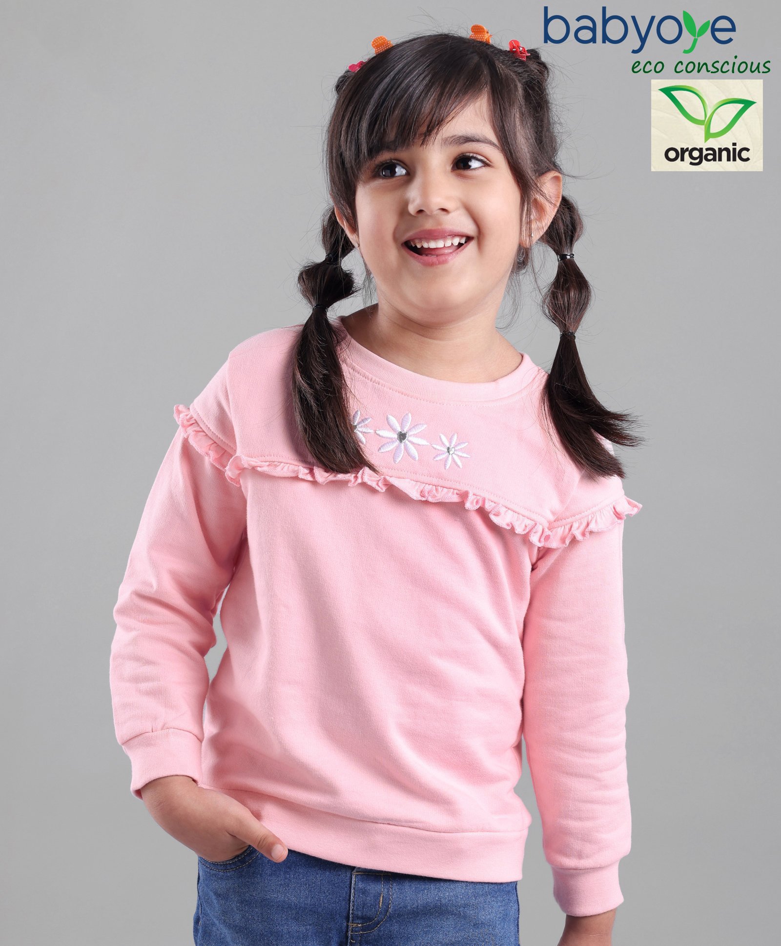 Babyoye Full Sleeves Cotton Brushed Fleece Sweatshirt Floral Embroidery - Pink-image-46