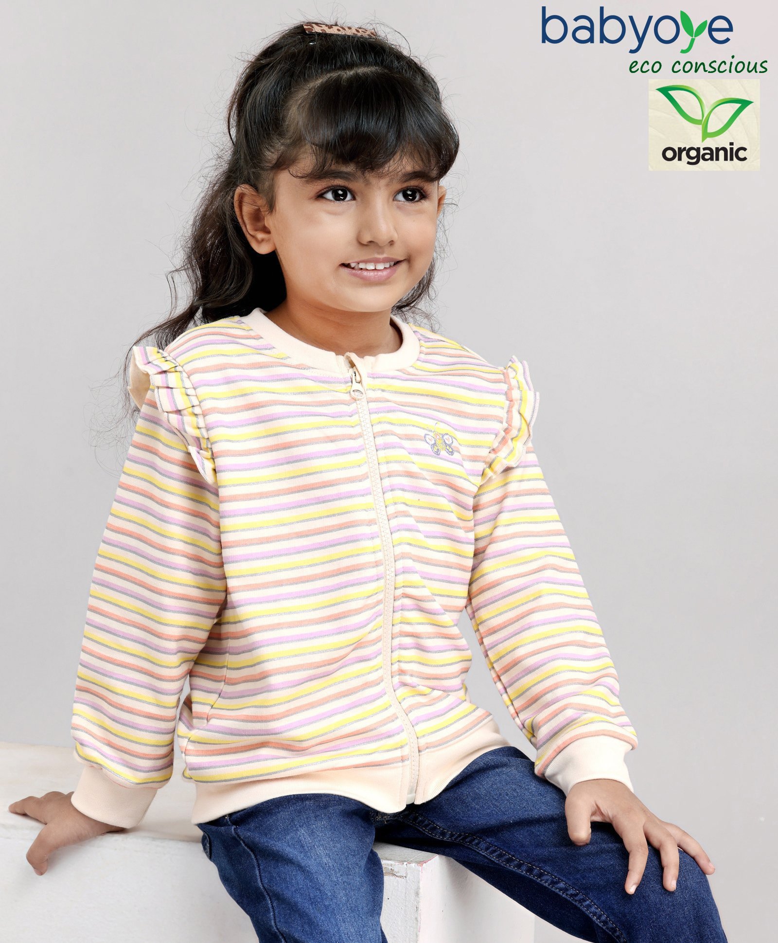 Babyoye Brushed Fleece Full Sleeves Striped Sweat Jacket Butterfly Embroidered - Multicolor-image-9