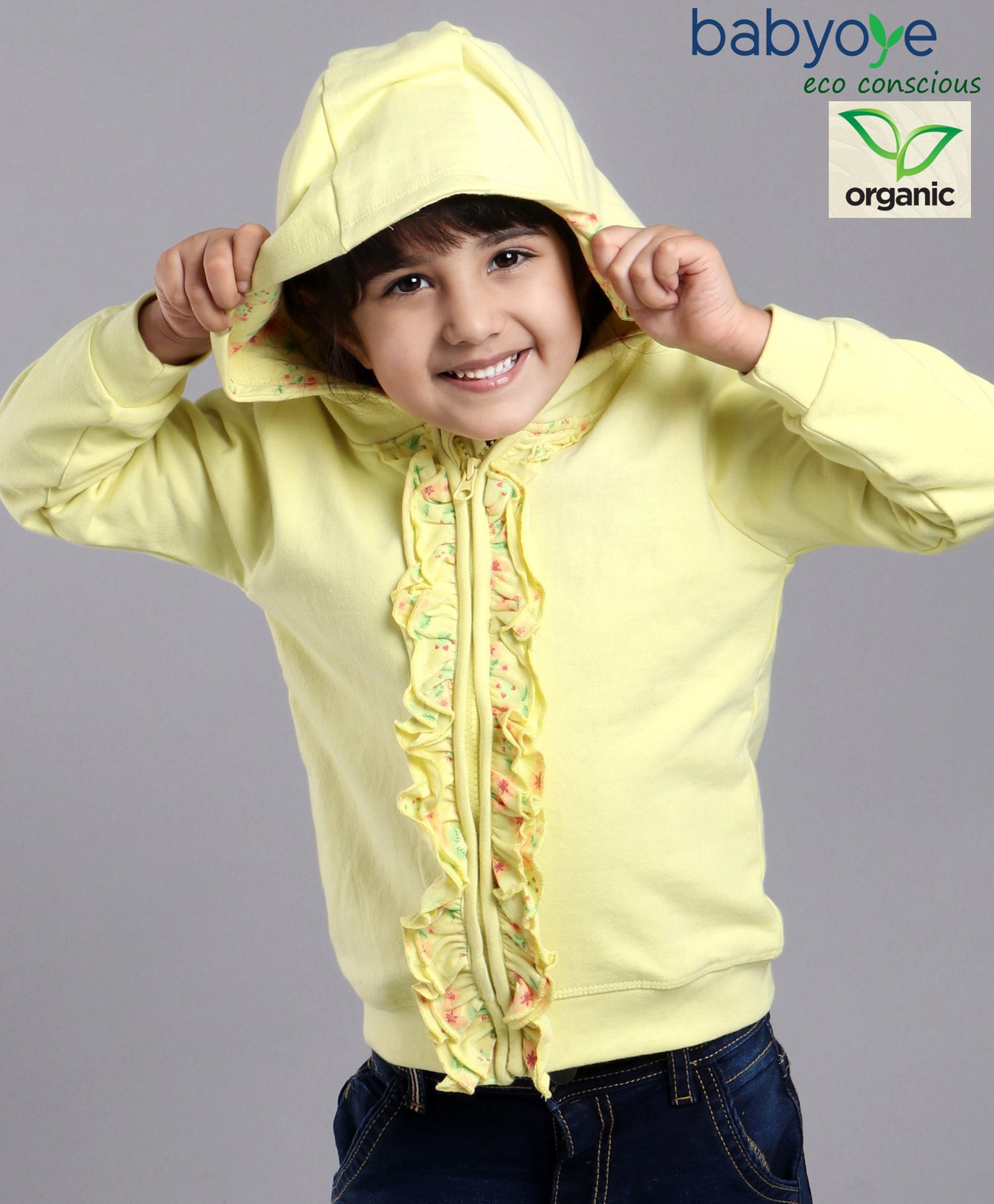 Babyoye Full Sleeves Cotton Brushed Fleece Hooded Sweatshirt Floral Print With Frill Detailing- Yellow-image-21