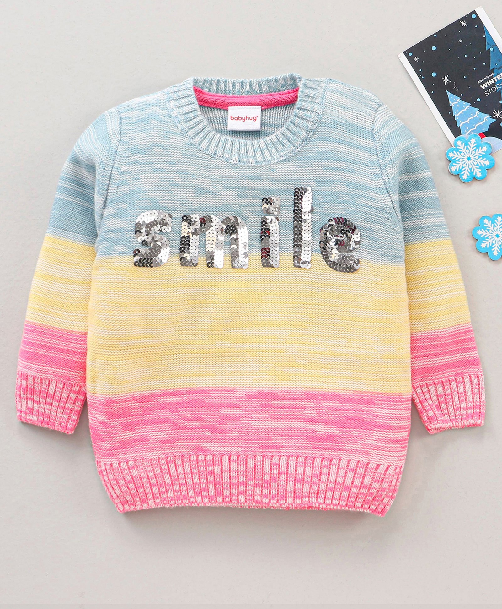 Babyhug Knitted Full Sleeves Color Block Pullover Sweater Sequin Design - Multicolour-image-25