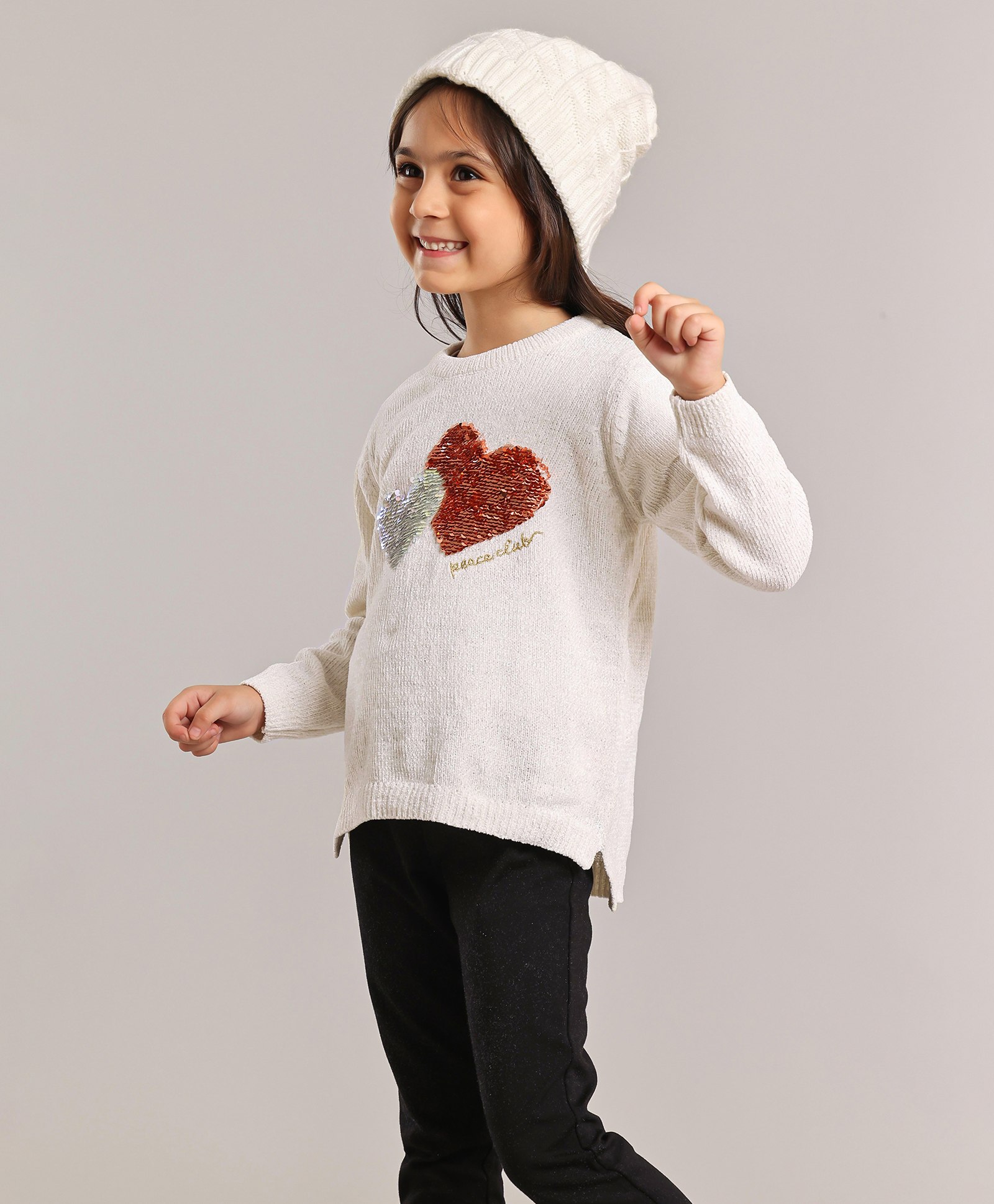 Babyhug Full Sleeves Sweater Reversible Sequinned Heart Detailing - Off White-picture-19