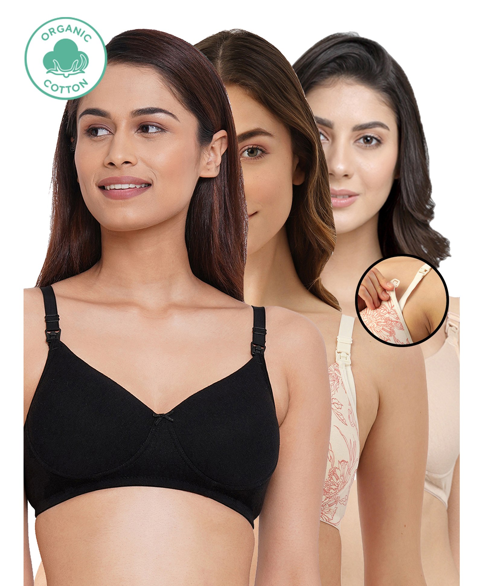 Inner Sense Pack Of 3 Organic Antimicrobial Padded Non Wired Feeding Bra - Beige Black Peach-image-49