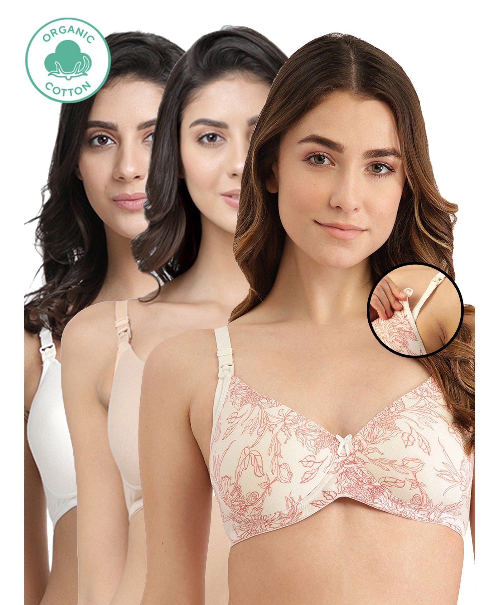 Inner Sense Pack Of 3 Organic Antimicrobial Padded Non Wired Feeding Bra - Beige White Peach-image-37