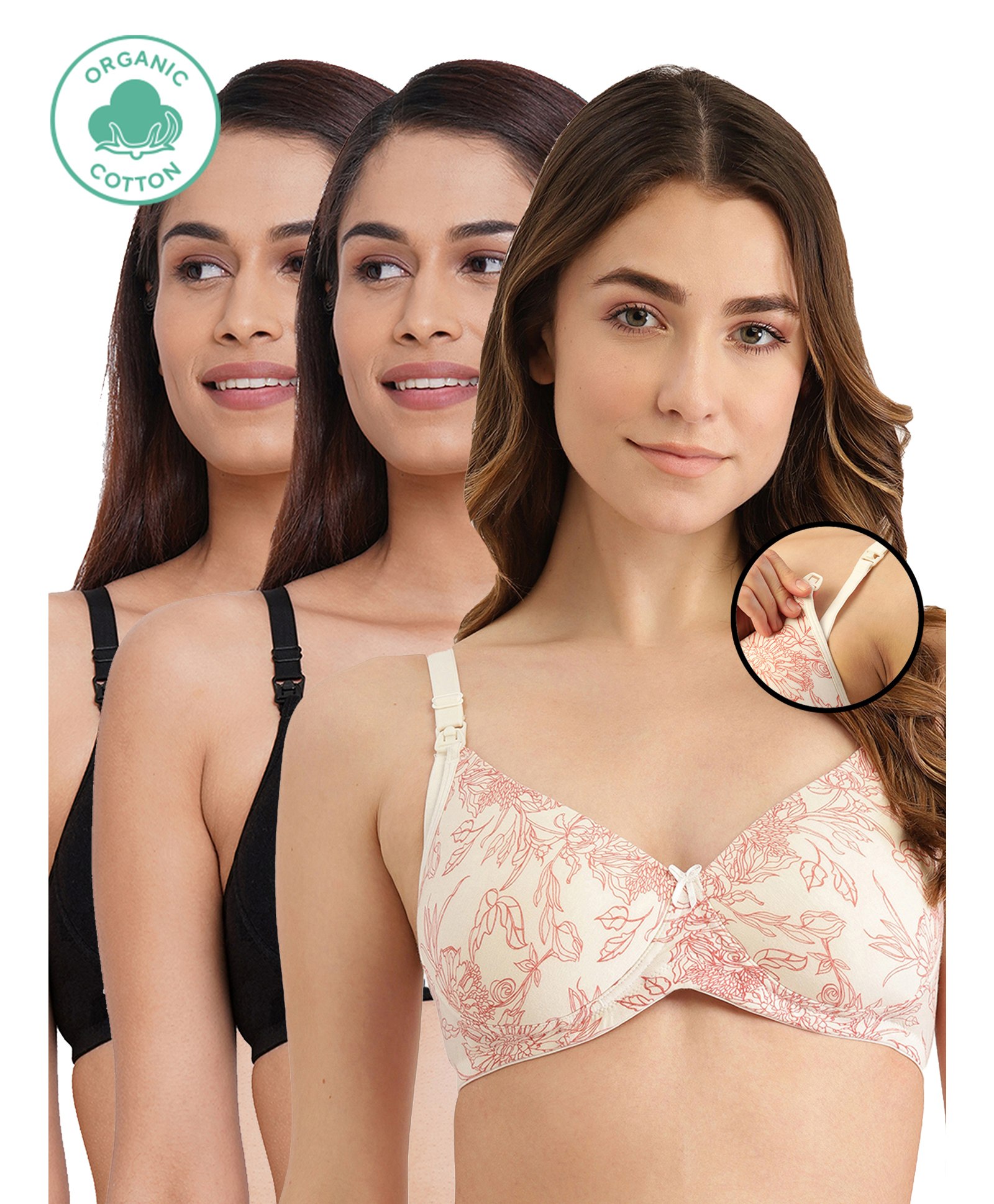 Inner Sense Pack Of 3 Organic Antimicrobial Padded Non Wired Feeding Bra - Black Peach-picture-24