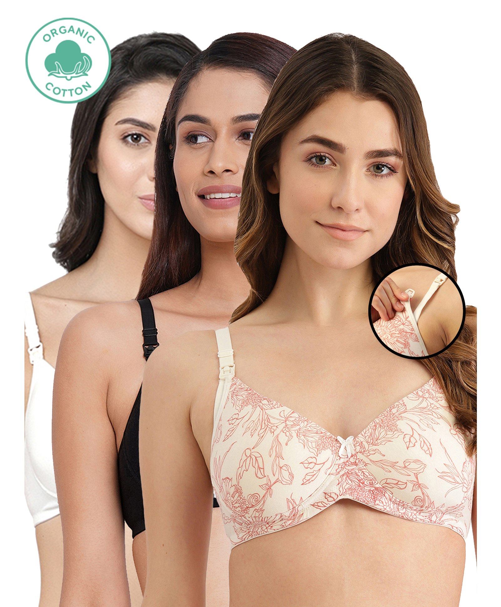 Inner Sense Pack Of 3 Organic Antimicrobial Padded Non Wired Feeding Bra - White Black Peach-picture-15