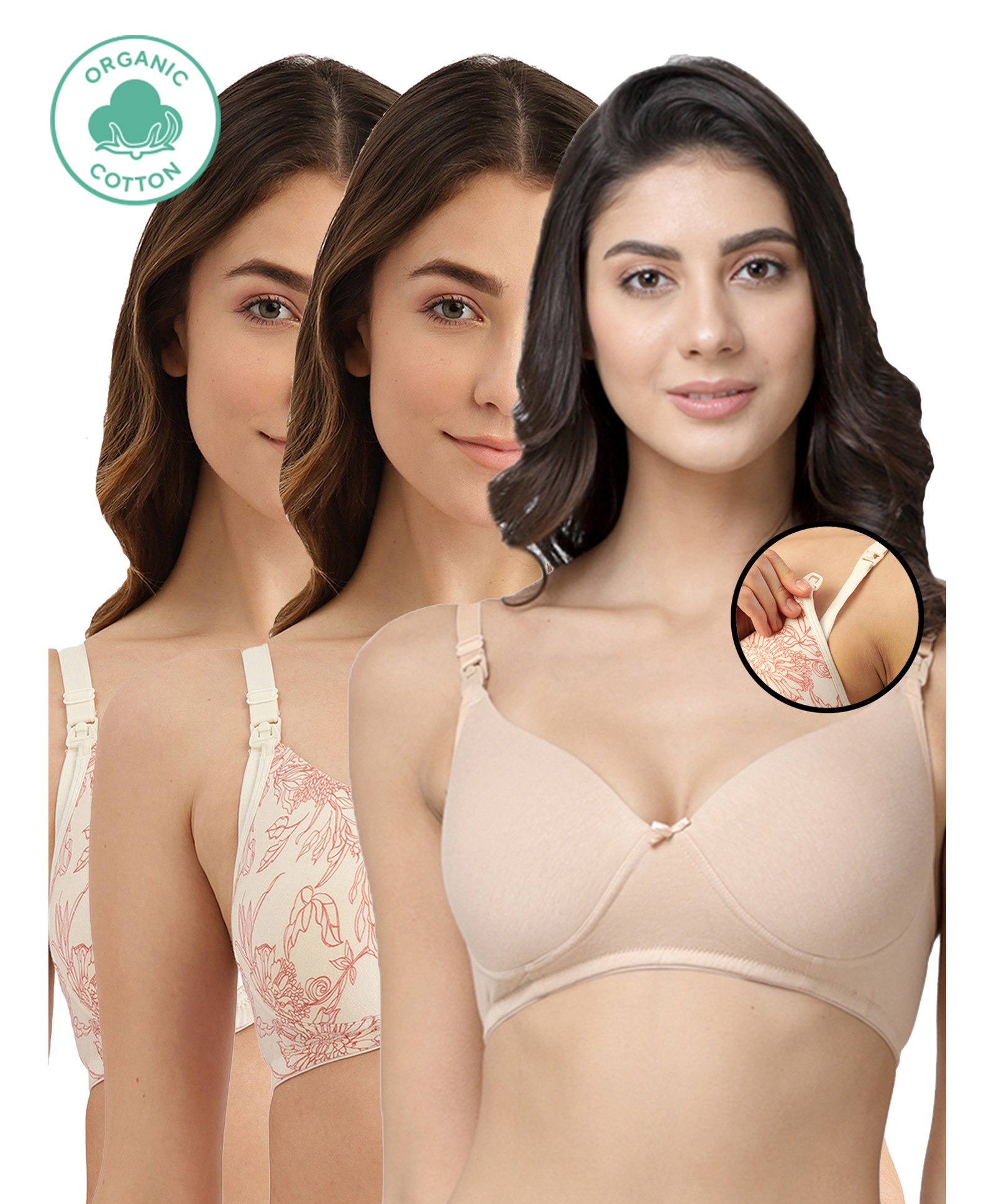 Inner Sense Pack Of 3 Organic Antimicrobial Padded Non Wired Feeding Bra - Beige Peach-image-9