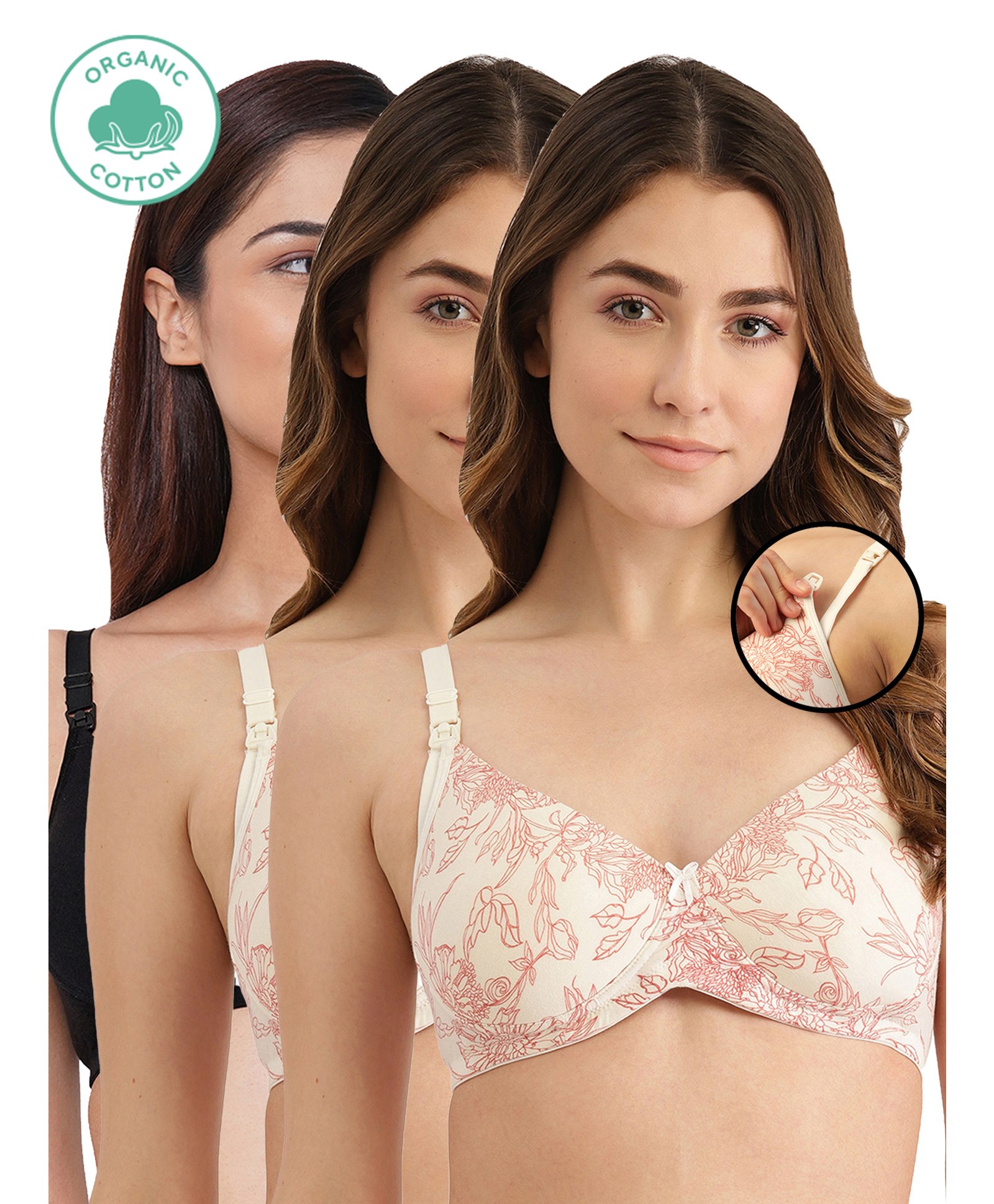 Inner Sense Pack Of 3 Organic Antimicrobial Padded Non Wired Feeding Bra - Black Peach-image-16