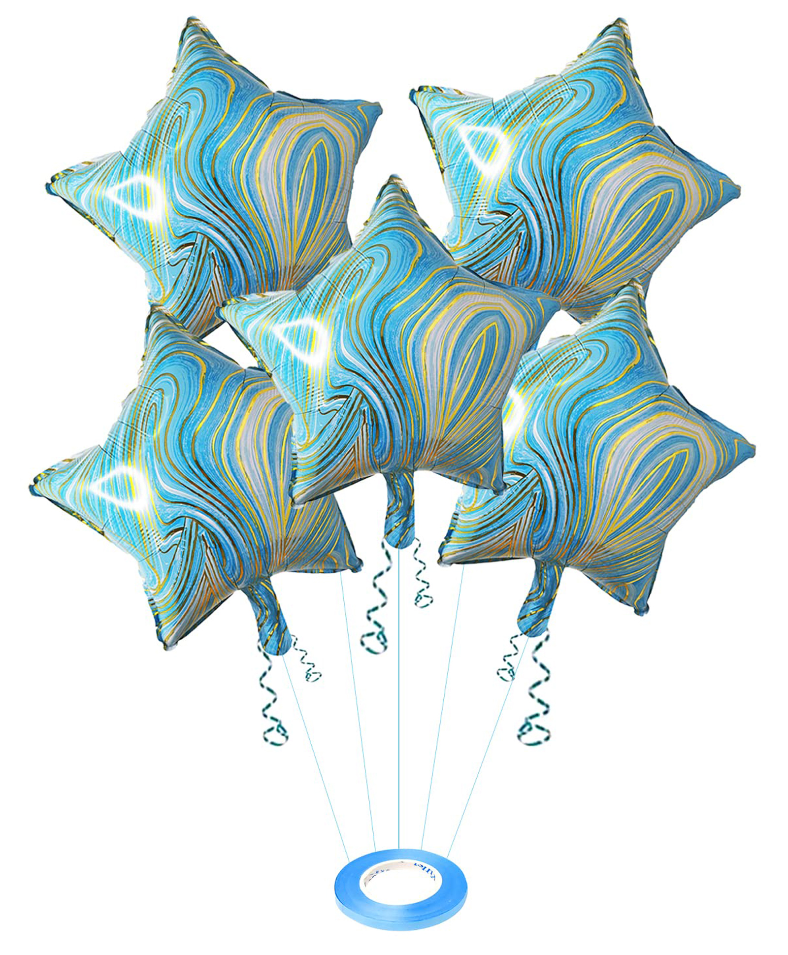AMFIN (Pack of 6) 18 Inch Blue Marble Star Shaped Foil Balloon With Ribbon / Star Shape Balloons for Decoration / Birthday Balloons for Decoration - Blue Marble-picture-17