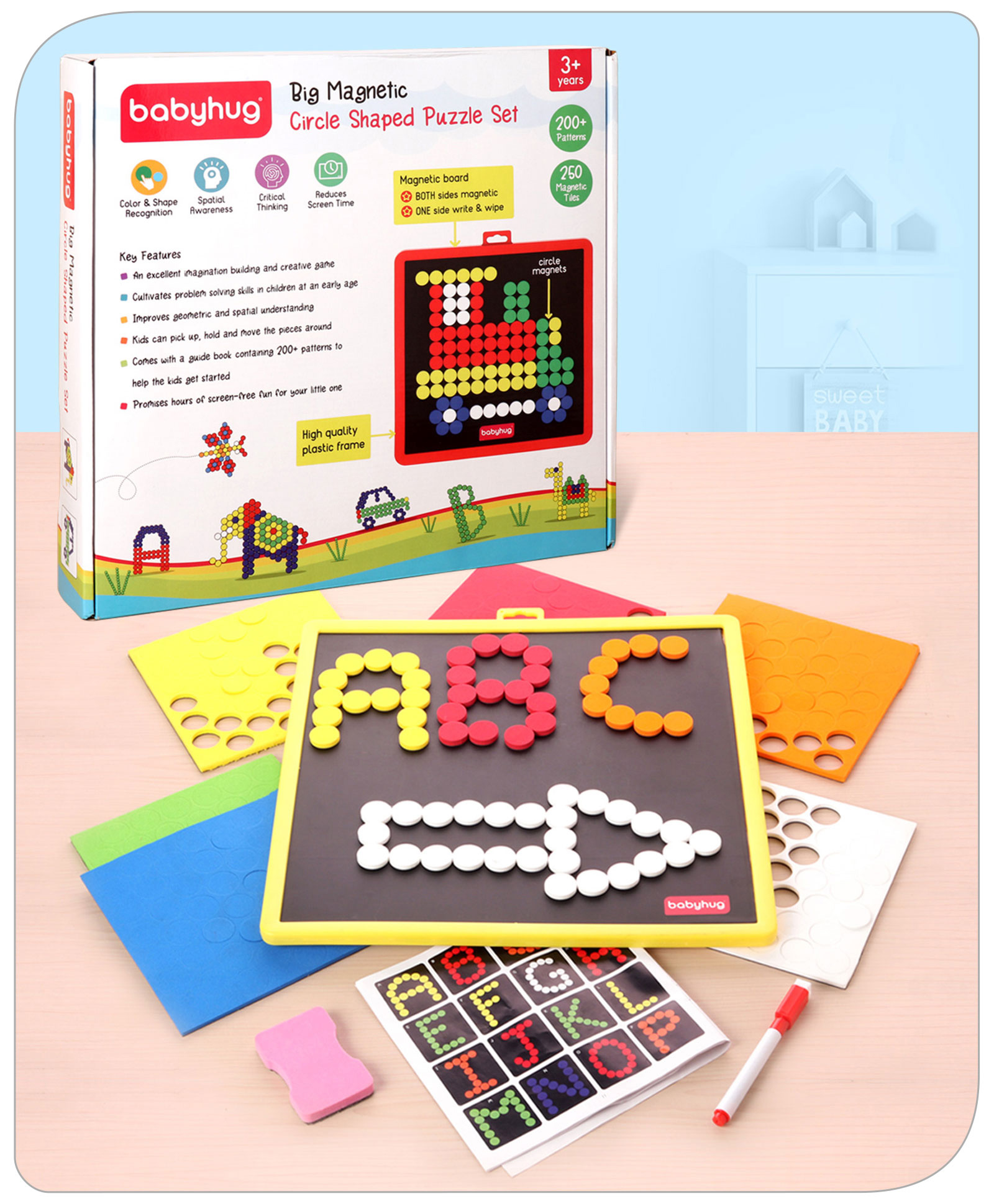 Babyhug Jumbo Magnetic Circle Puzzle Set With Write & Wipe Feature - 250 Magnetic Tiles & 200+ Patterns-image-23