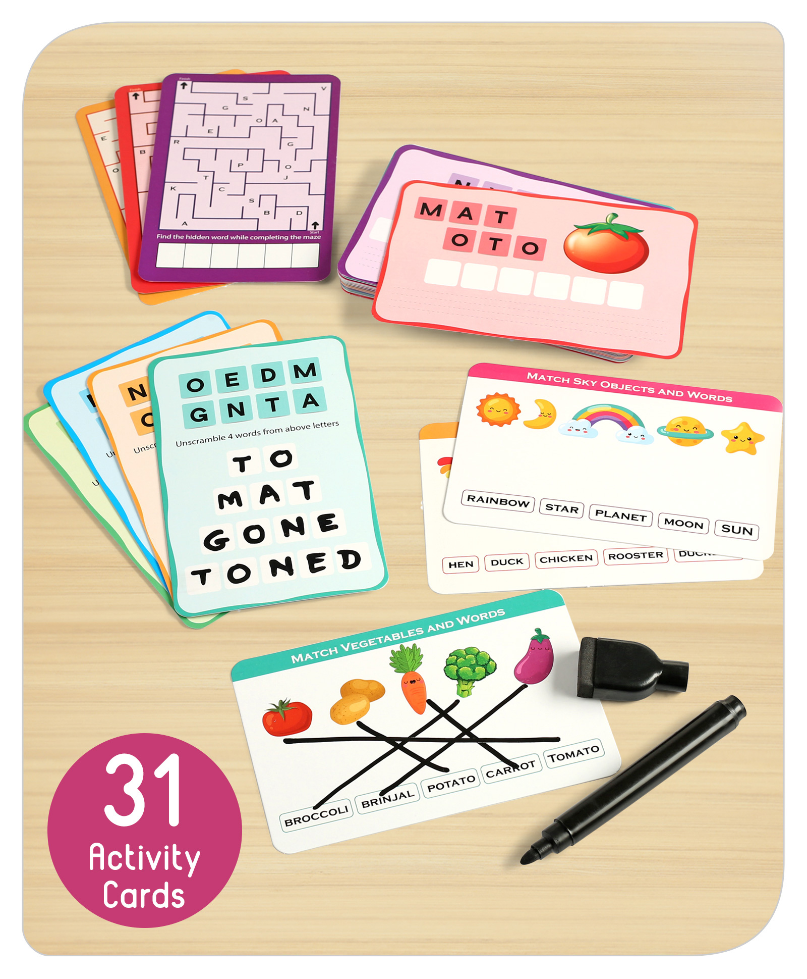 Babyhug Word Scramble Write N Wipe Double Sided Activity Cards - 31 Pieces-image-35