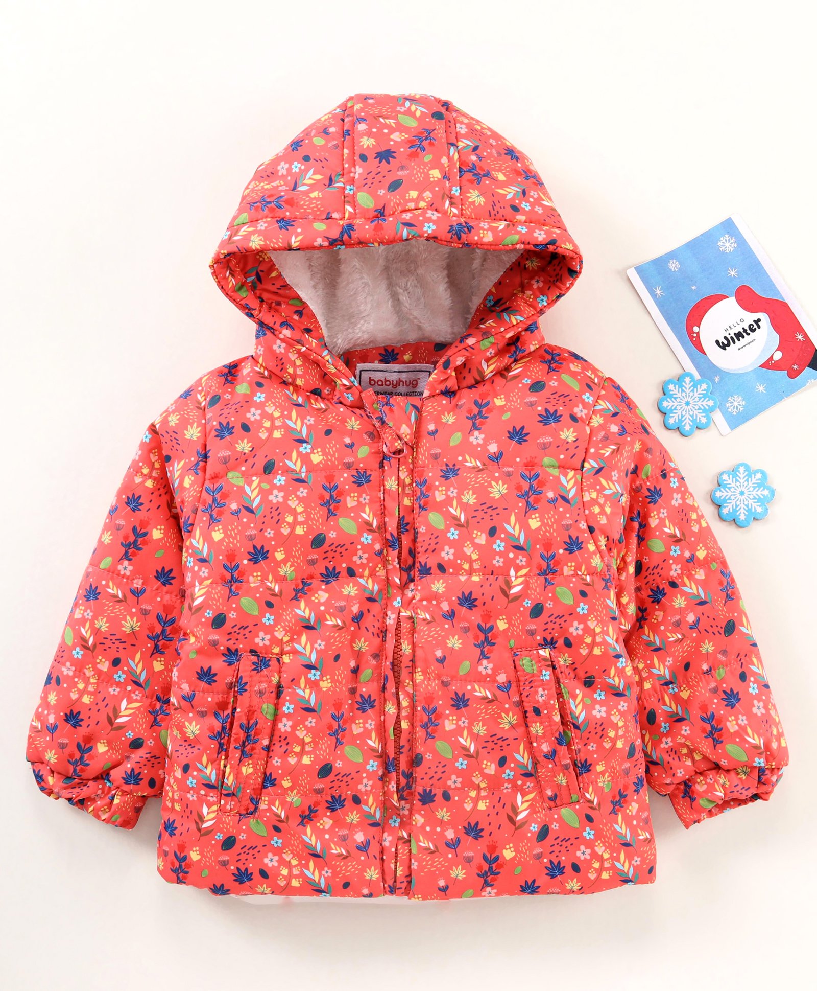 Babyhug Full Sleeves Hooded Jacket Leaf & Flowers Print - Pink-picture-16
