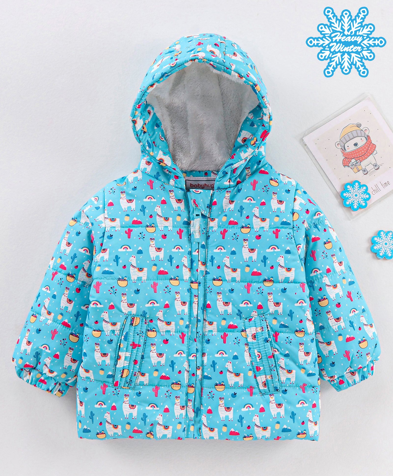 Babyhug Full Sleeves Hooded Heavy Winter Jacket Rainbow & Llama Print - Blue-image-2