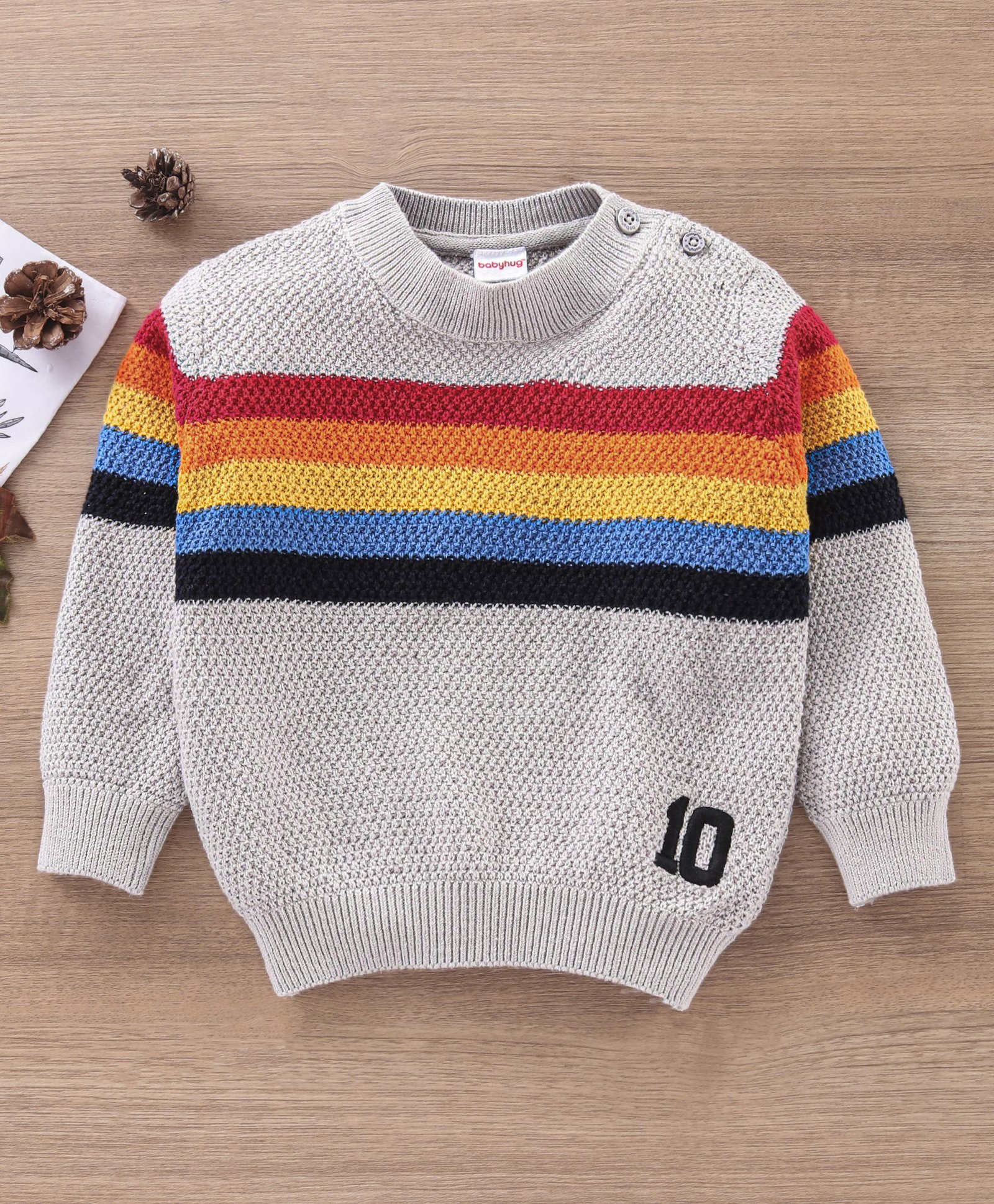 Babyhug Full Sleeves Striped Sweater - Grey-image-3