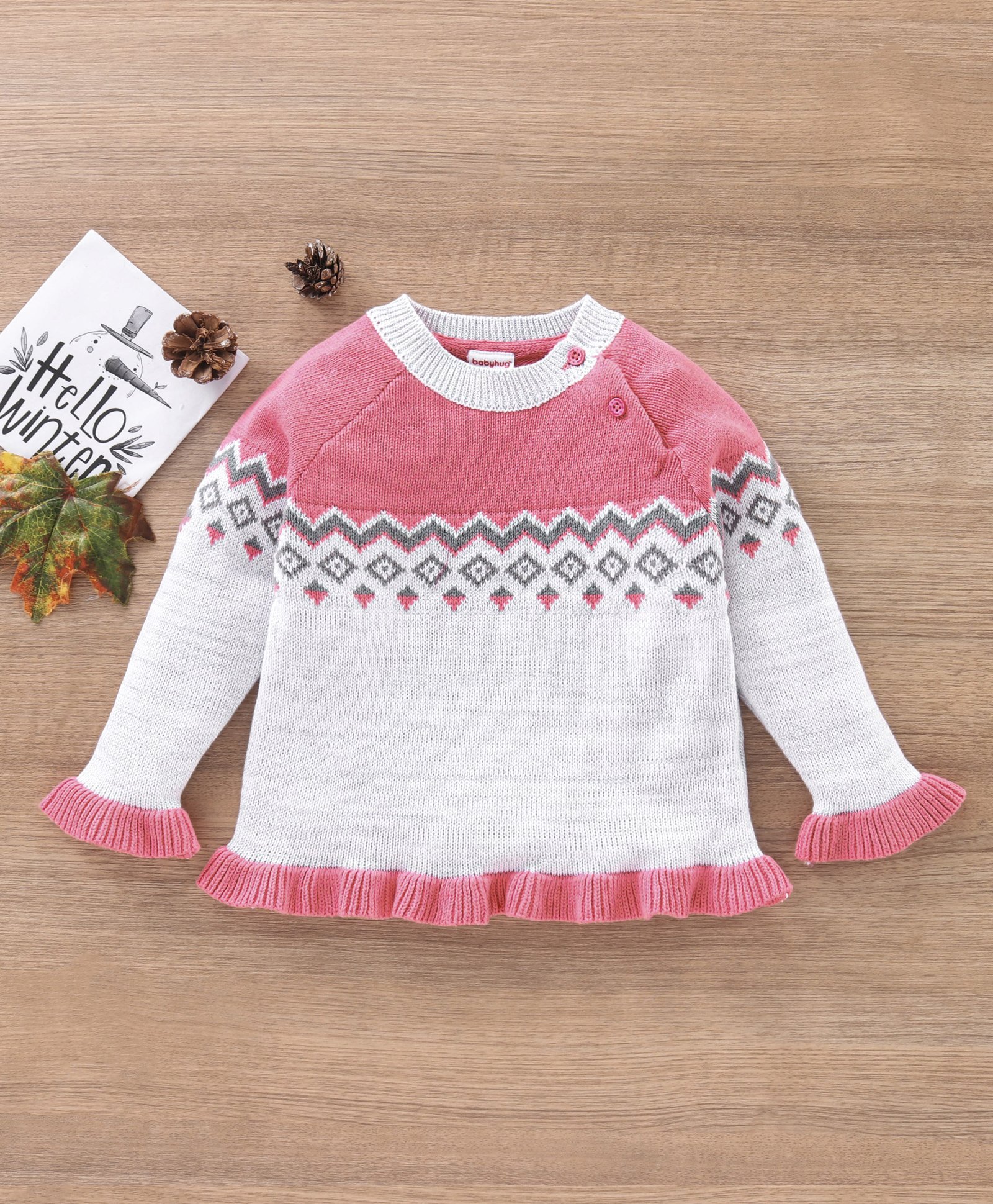 Babyhug Full Sleeves Fair Isle Sweater - Pink-image-9