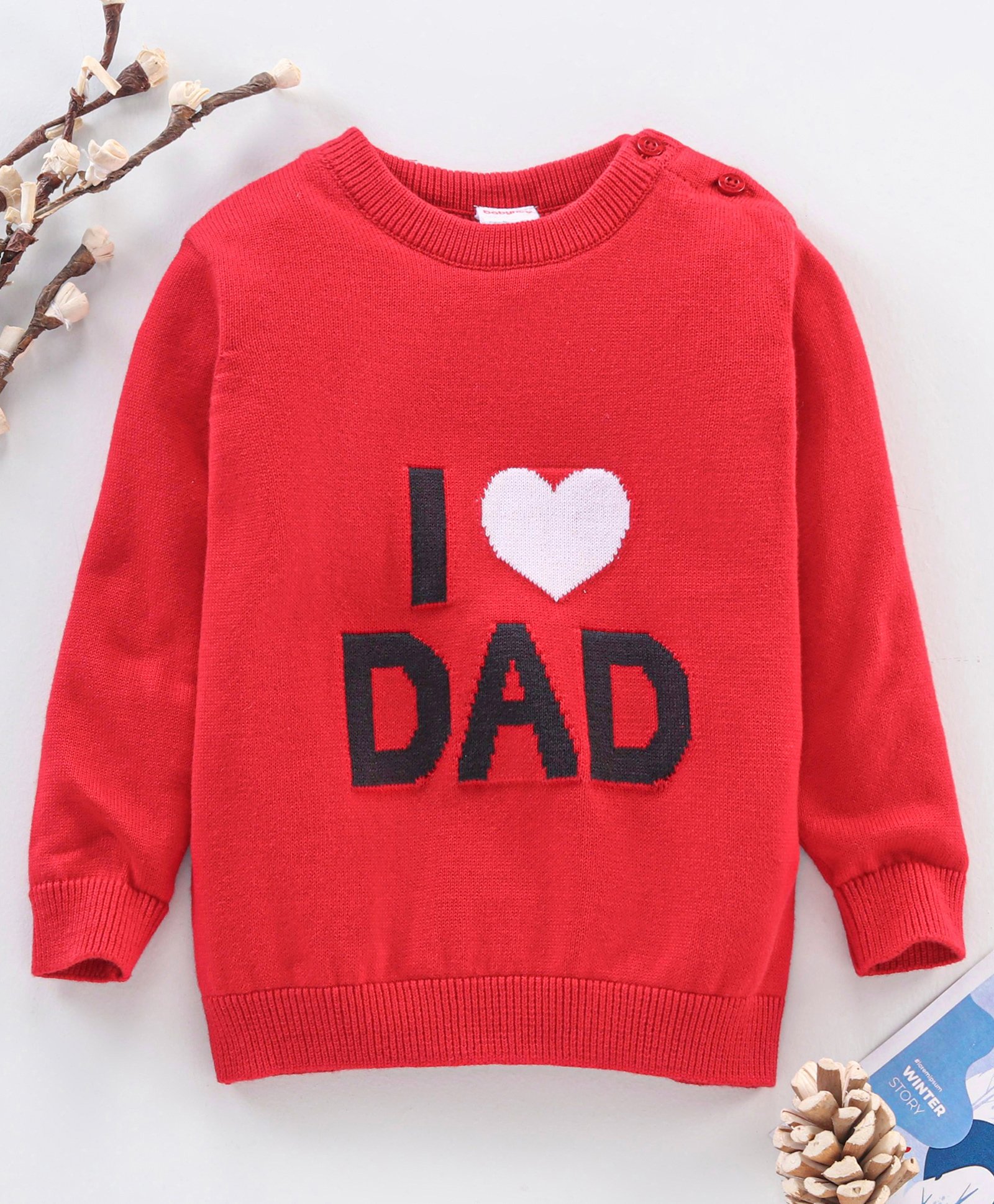 Babyhug Full Sleeves Cotton Knit Sweater Dad Print - Red-image-37
