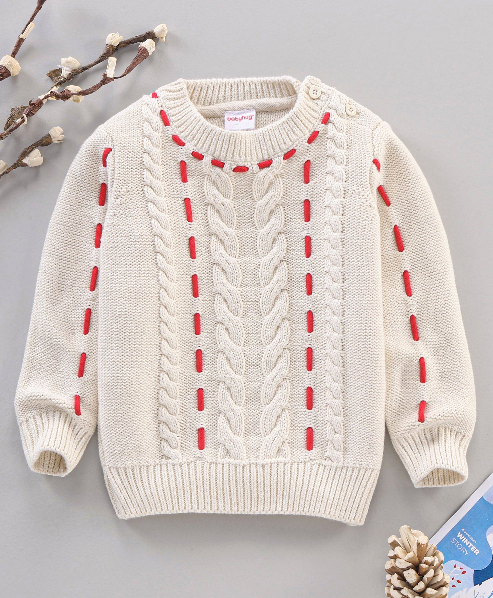 Babyhug Full Sleeves Cable Knit Sweater - Off White-image-34