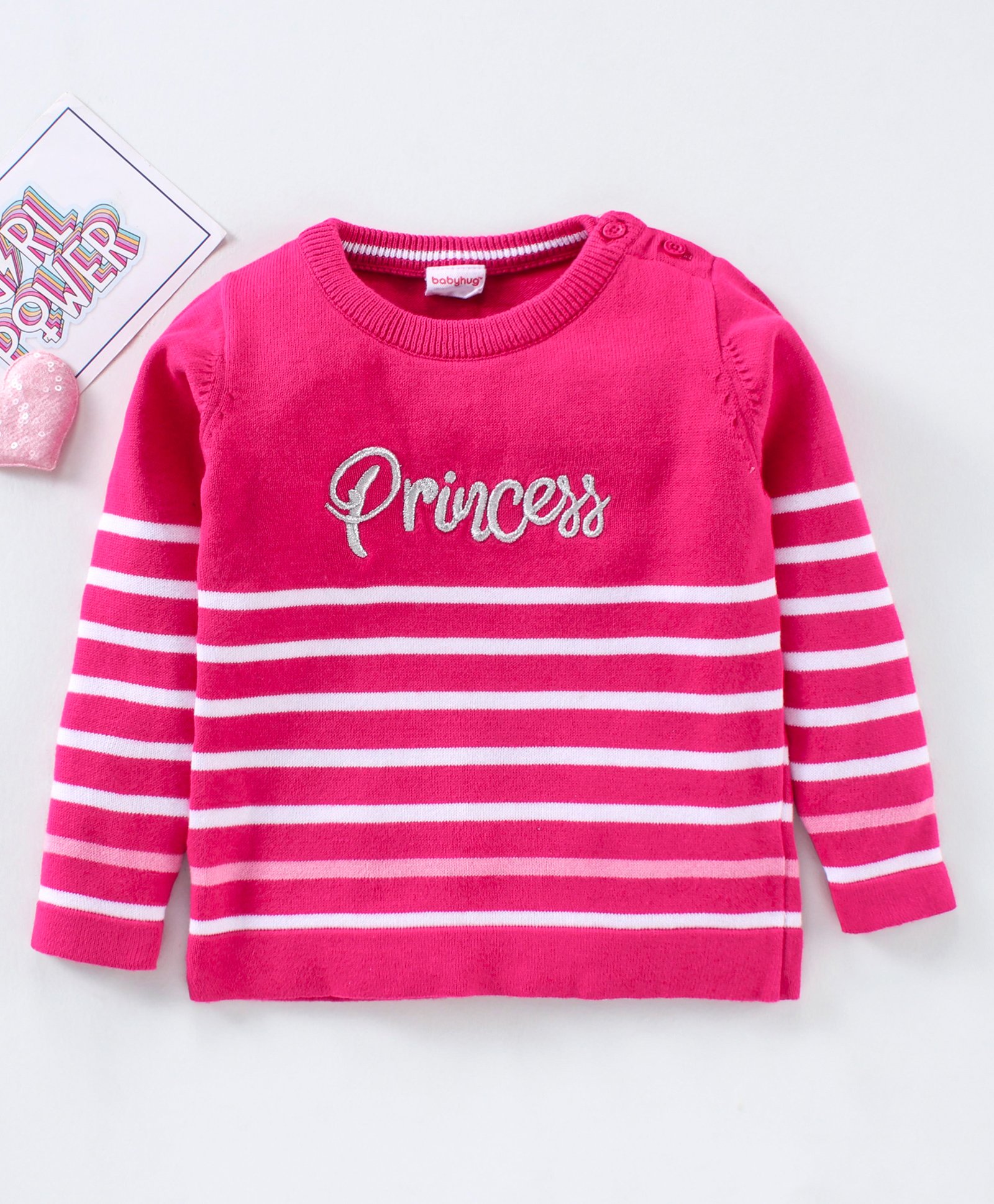 Babyhug Full Sleeves Stripes Pullover with Embroidery - Pink-image-41