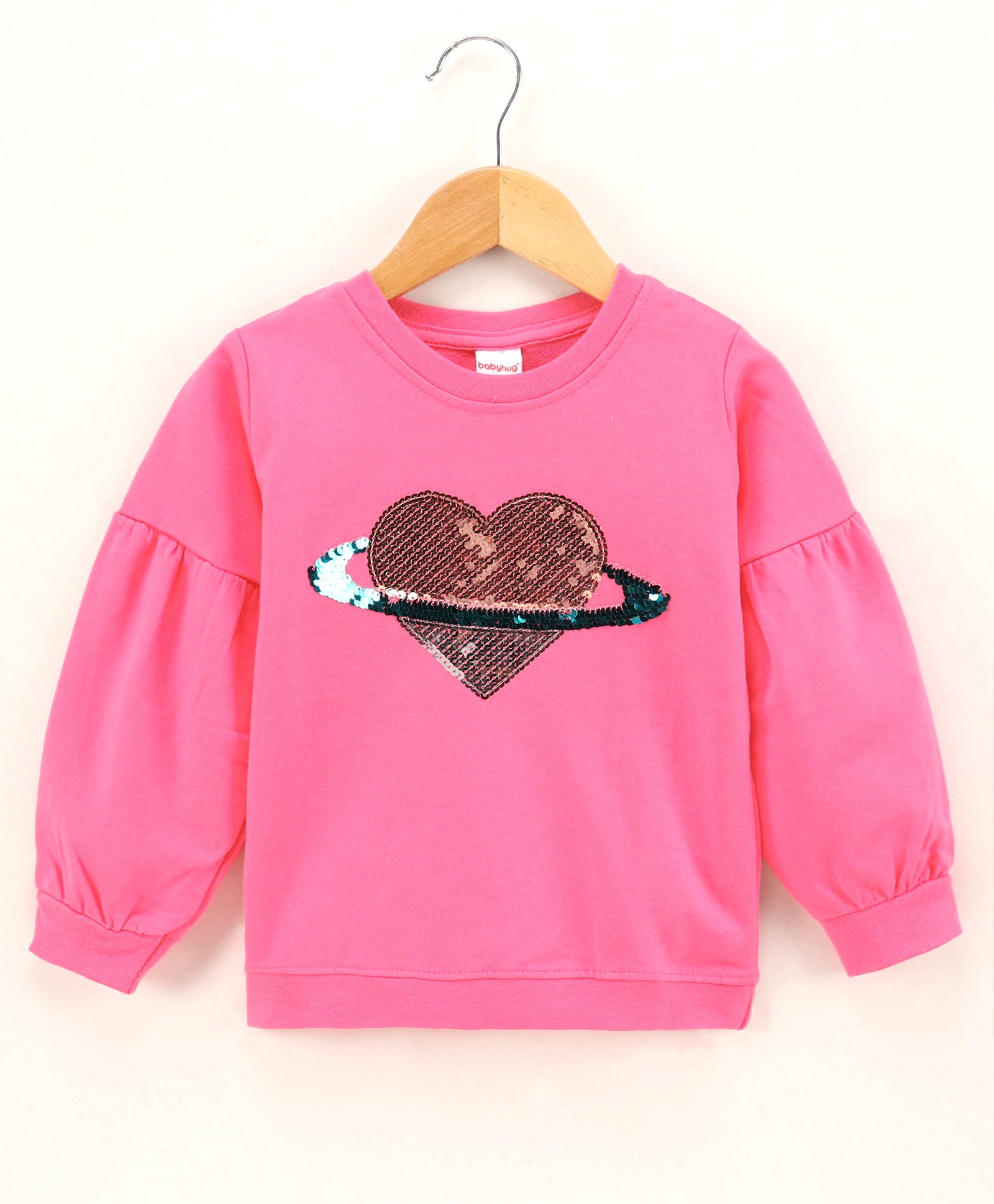 Babyhug Full Sleeves Sweatshirt With Sequin Detailing & Balloon Sleeves- Pink-image-0