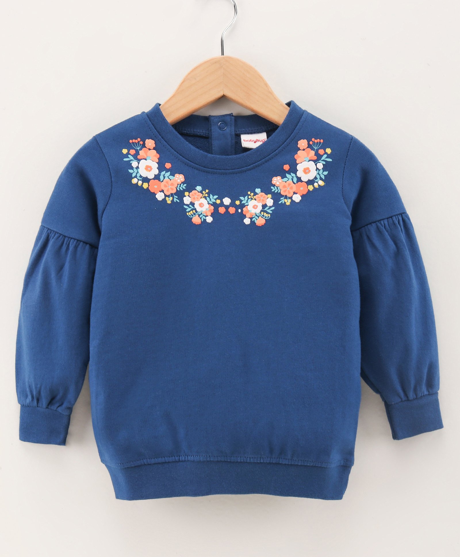 Babyhug Full Sleeves Sweatshirt Floral Print & Balloon Sleeves- Navy Blue-image-0