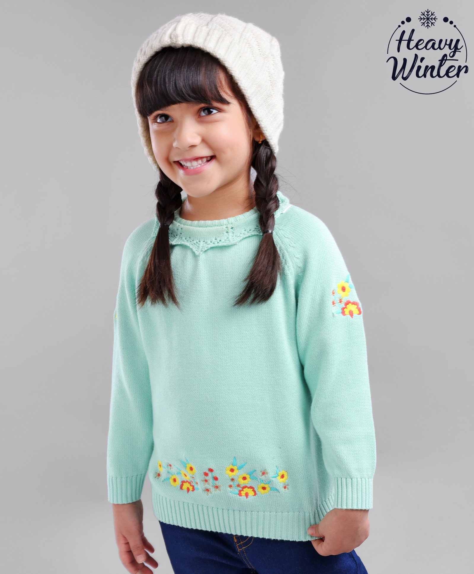 Babyoye Cotton Knit Full Sleeves Pullover Sweater Floral Embroidered Design - Honeydew-picture-14