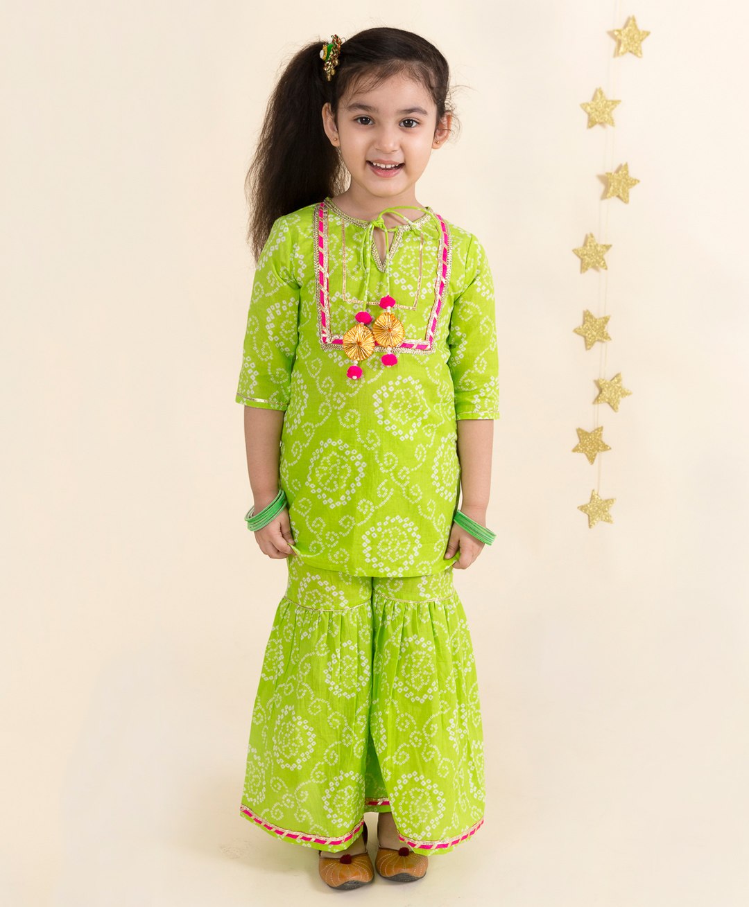 Pspeaches Three Fourth Sleeves Lace Embellished Bandhani Kurta & Sharara Set - Green-picture-12