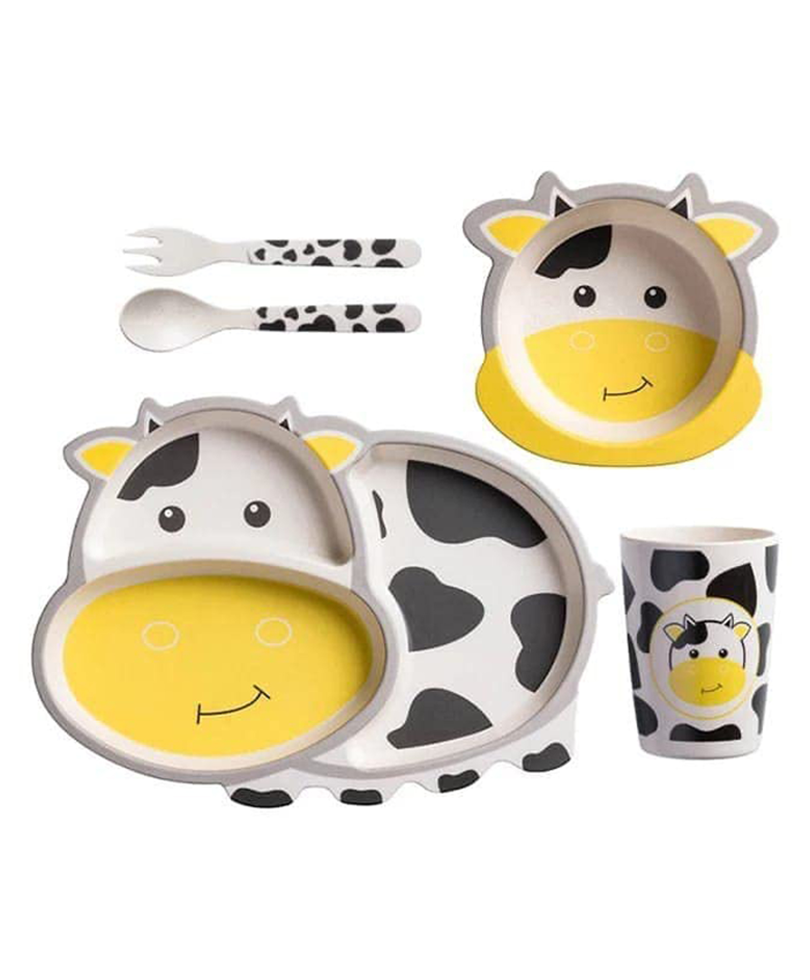 COMERCIO Bamboo Fiber Cartoon Shape Cow Dinner Set Of 5 Pieces - Black & White-picture-45