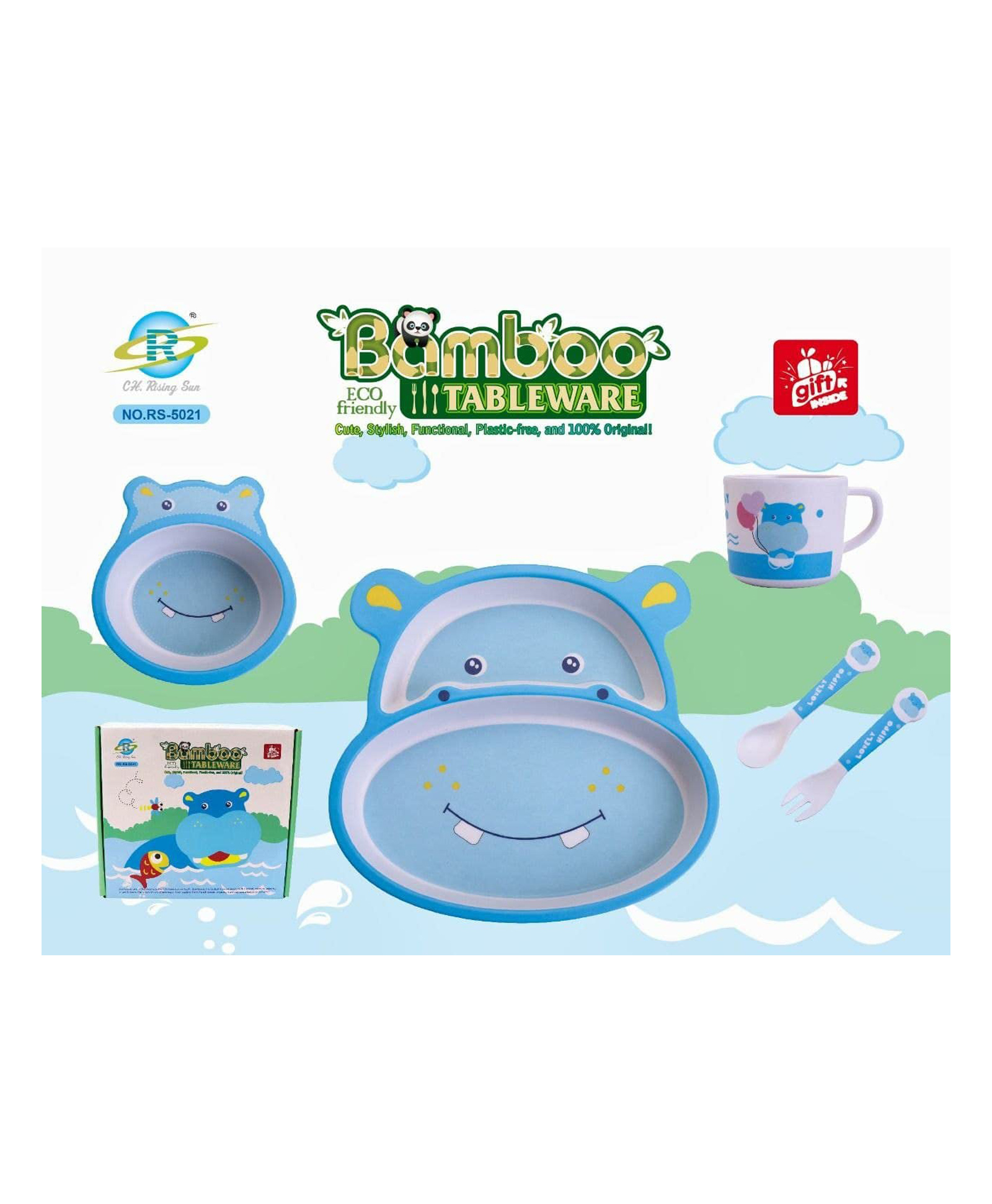 Comercio Bamboo Fiber Cartoon Shape Hippo Dinner Set Of 5 Pieces Blue-picture-46