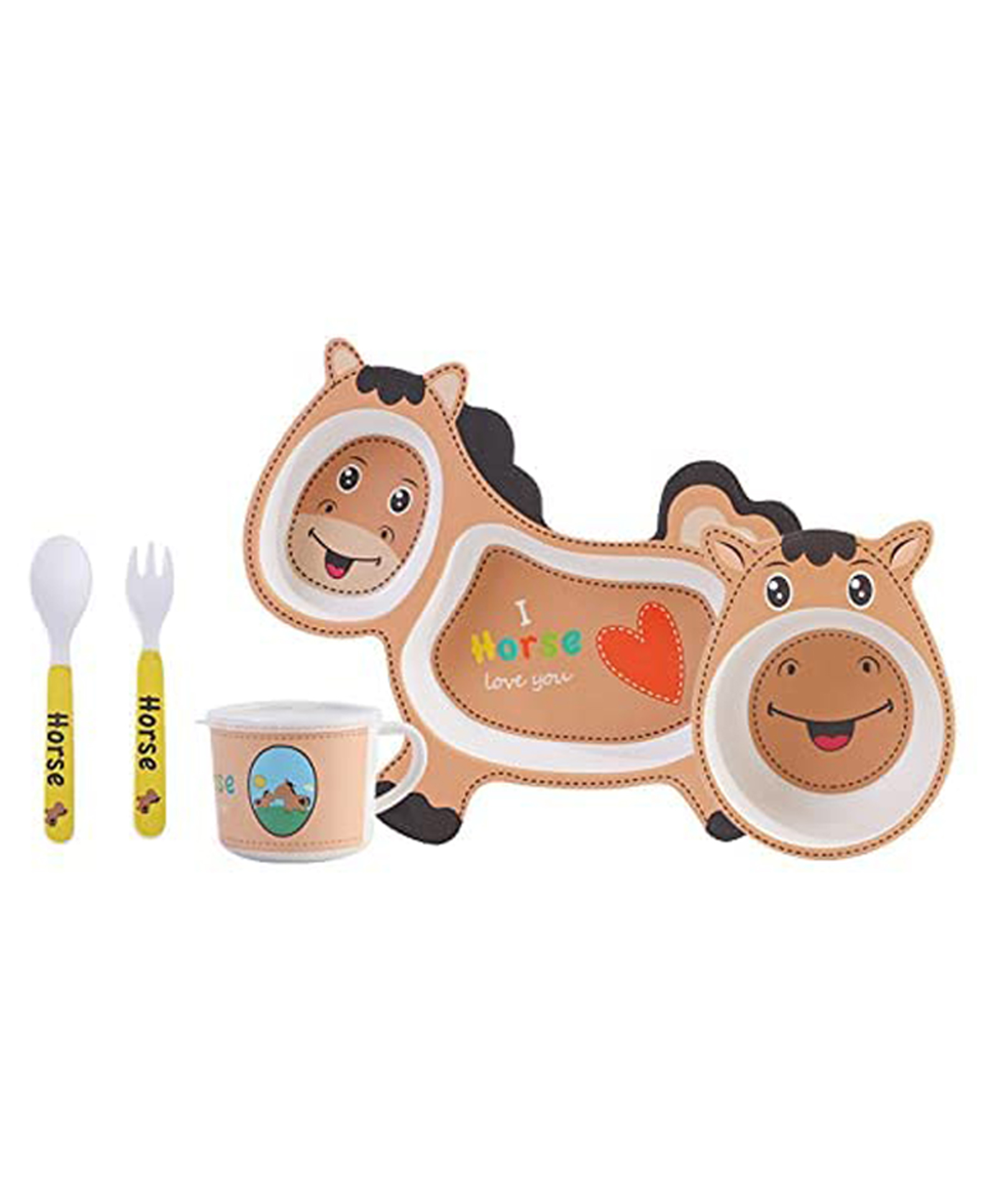 COMERCIO Bamboo Fiber Cartoon Shape Horse Dinner Set Of 5 Pieces Brown-picture-44