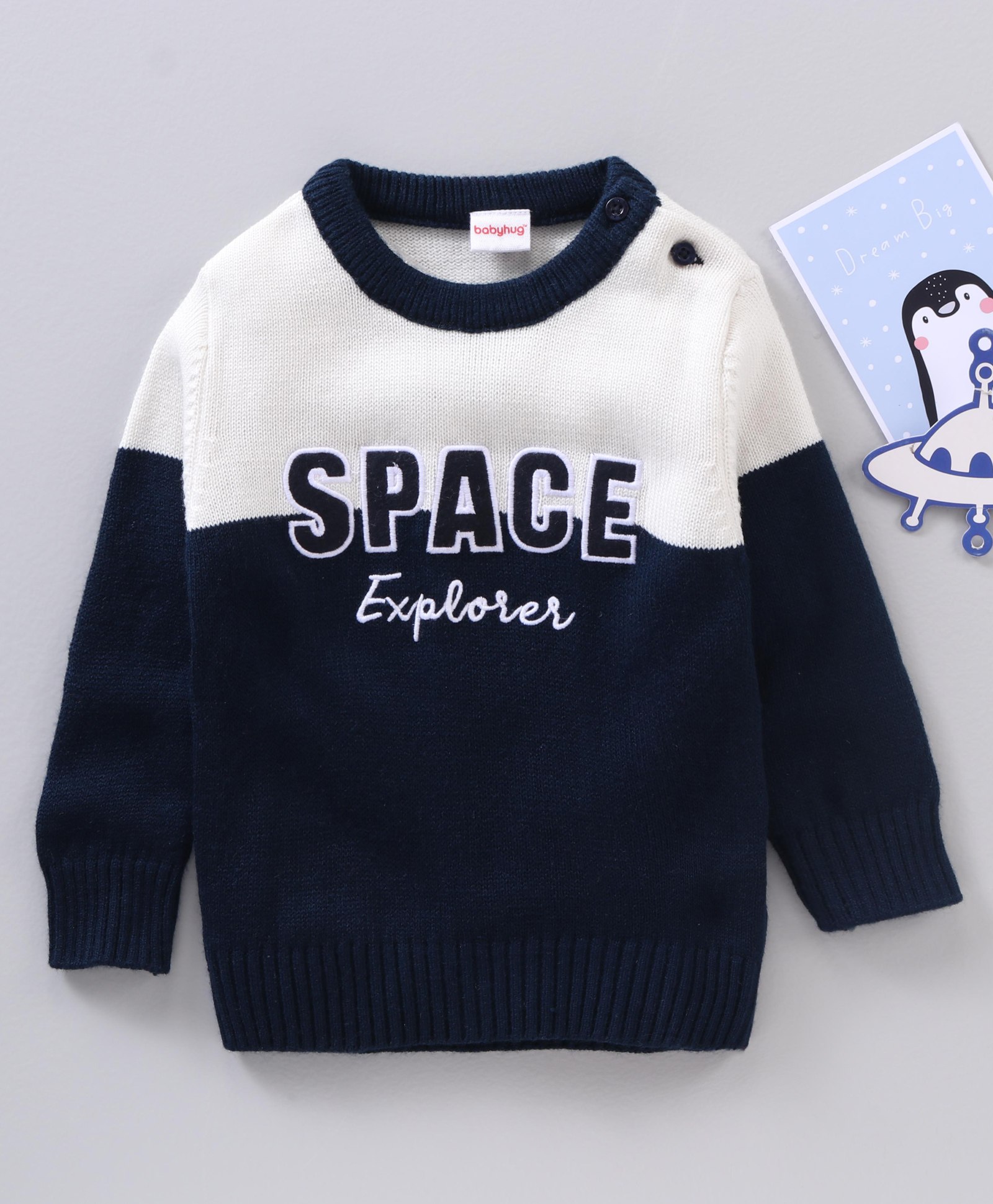 Babyhug Full Sleeves Knit Pullover Text Embroidery - Navy Blue White-image-31