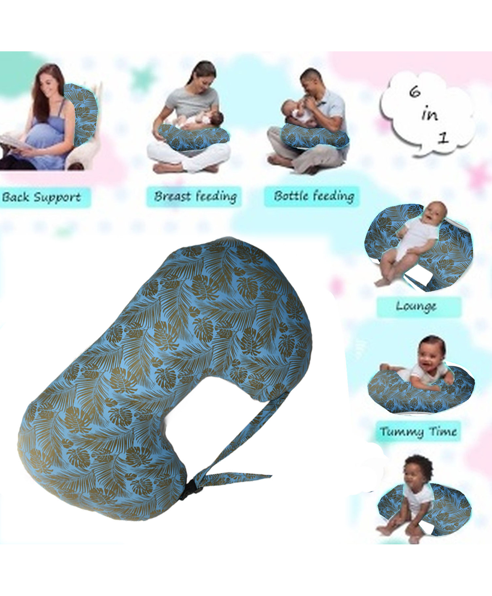 Get It 100% Cotton Breast Feeding Recron Leaf Print Pillow Removable Cover wIth Zip Buckle Adjust Nursing- Blue Leaf Print-picture-26