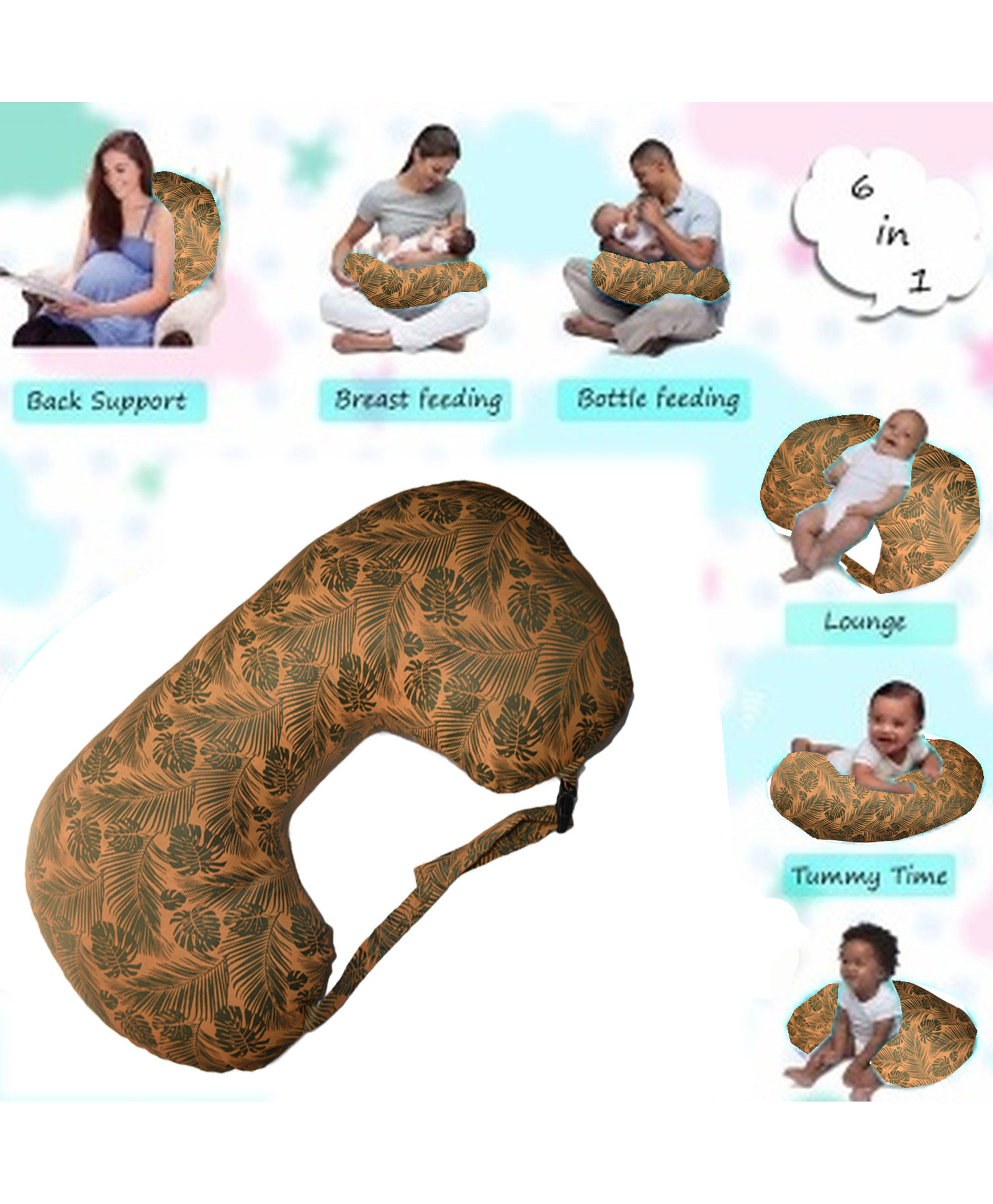 Get It 100% Cotton Breast Feeding Recron Leaf Print Pillow Removable Cover wIth Zip Buckle Adjust Nursing- Orange Leaf Print-picture-28