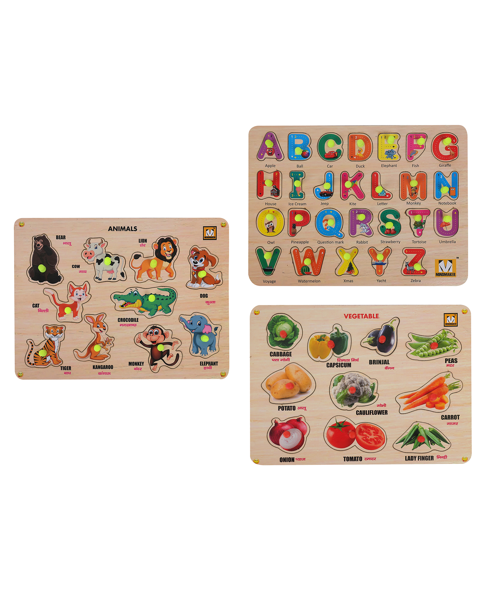 MINDMAKER Vegetable Animals Alphabets Wooden Knob & Peg Puzzle - 44 Pieces-image-42