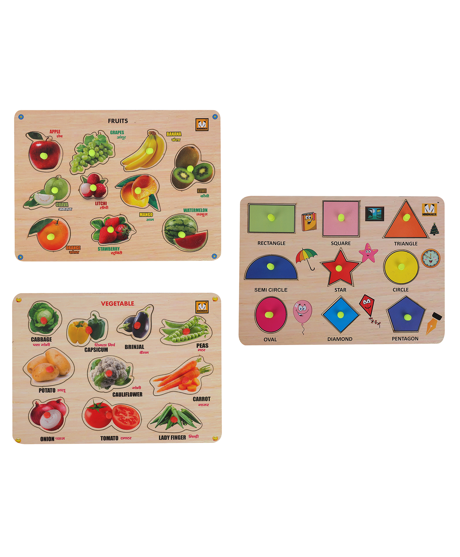MINDMAKER Shapes Fruit Vegetables Wooden Knob & Peg Puzzle - 29 Pieces-picture-37