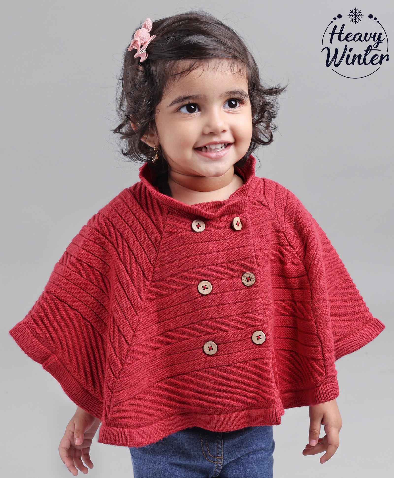 Babyoye Cotton Solid Woollen Poncho - Red-image-40