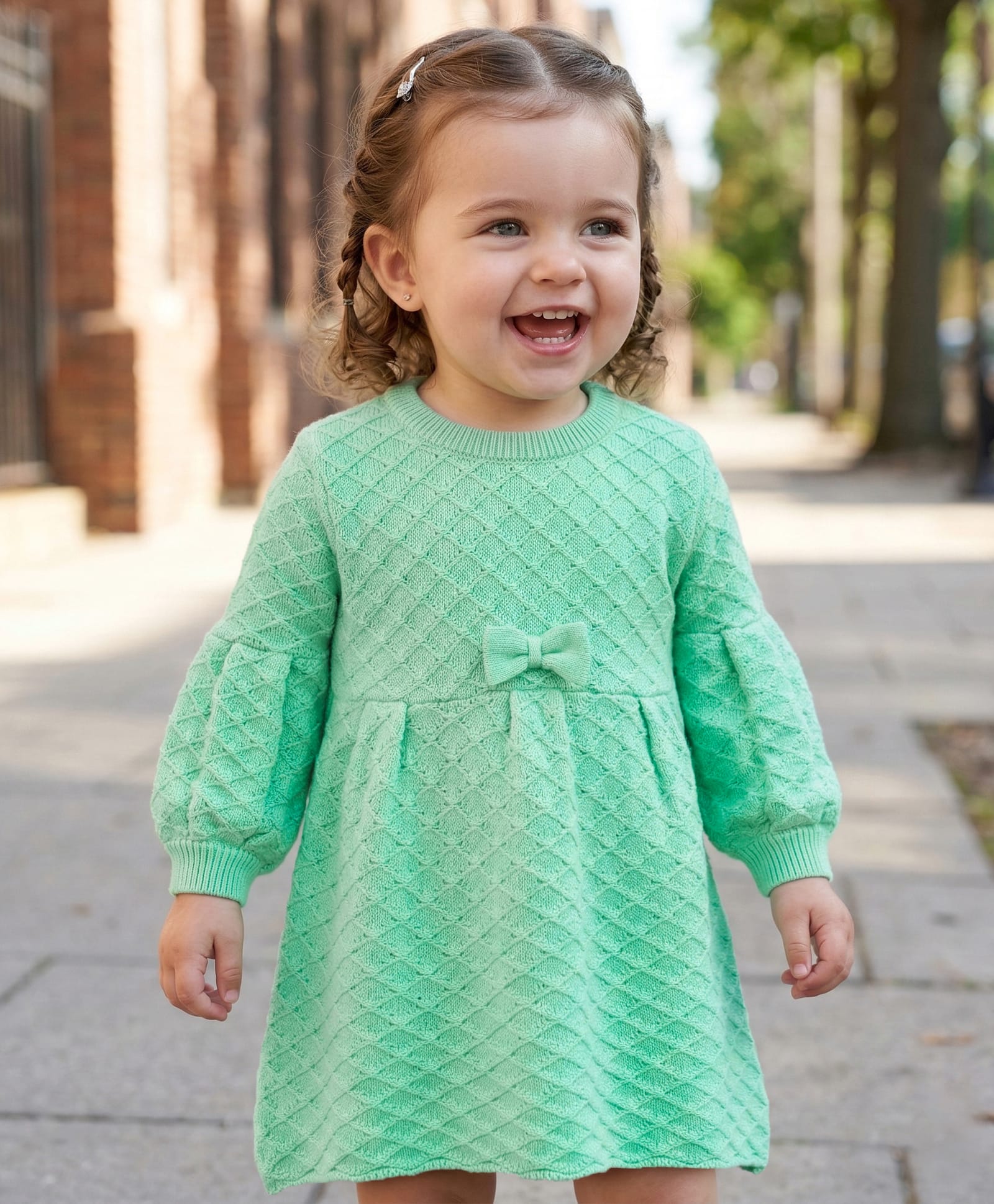 Babyoye Cotton Full Sleeves Woollen Dress With Bow Applique - Green-image-9