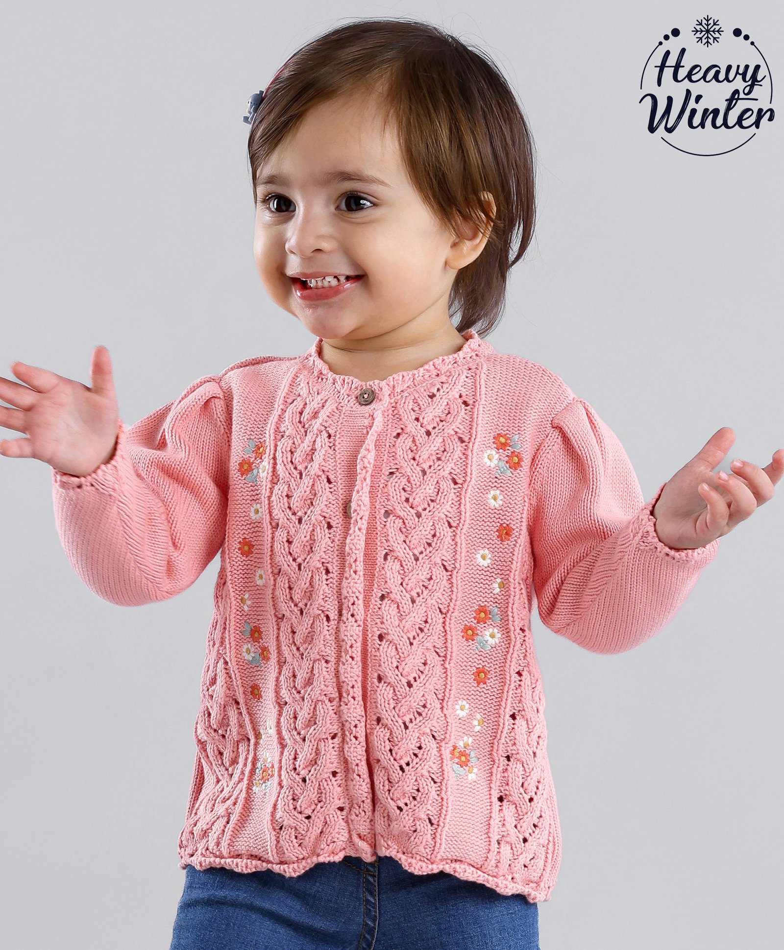 Babyoye Cotton  Full Sleeves Embroidery Sweater - Peach-image-20
