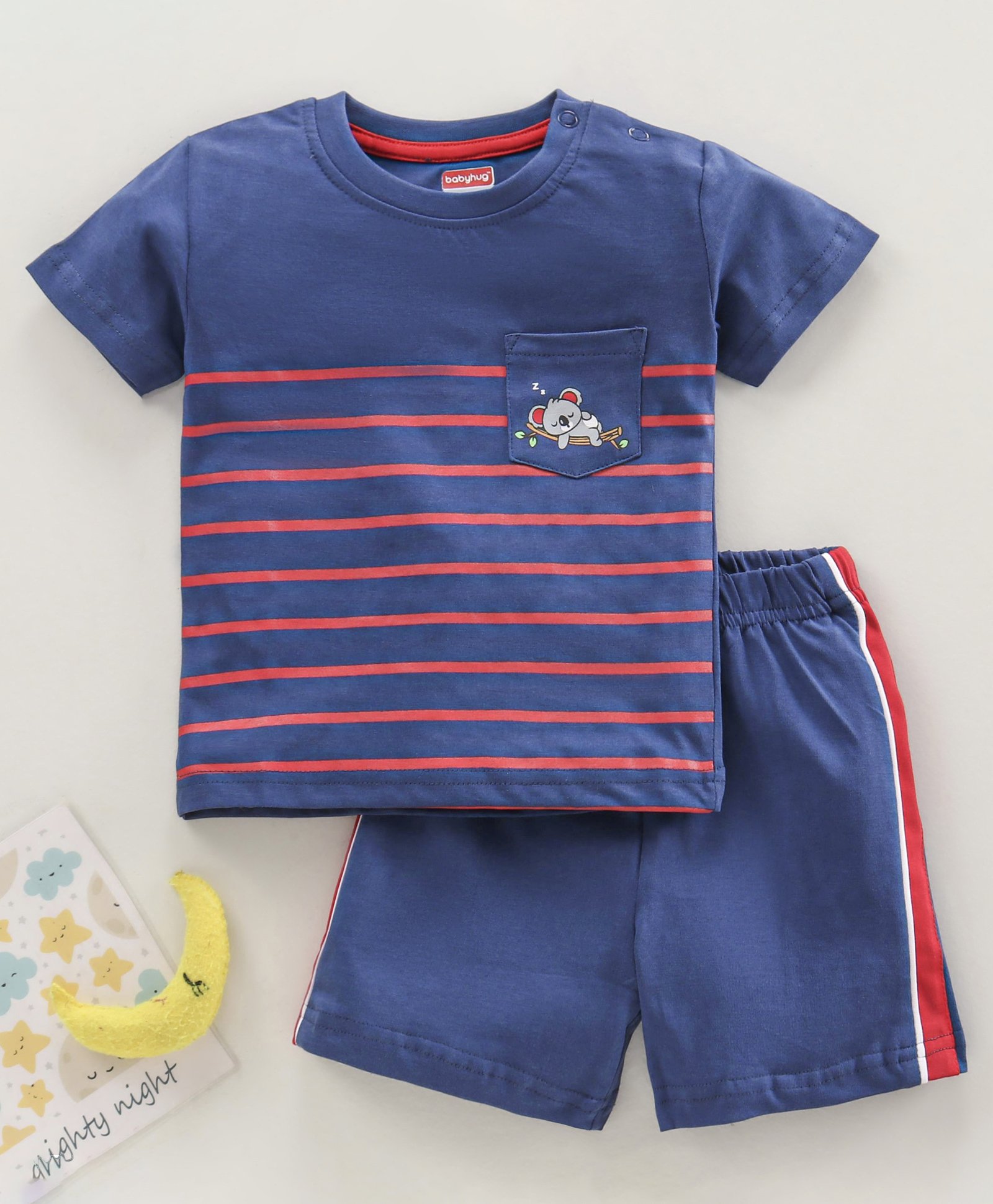 Babyhug Half Sleeves T-Shirt & Shorts Set Striped & Koala Print - Navy Blue-image-7