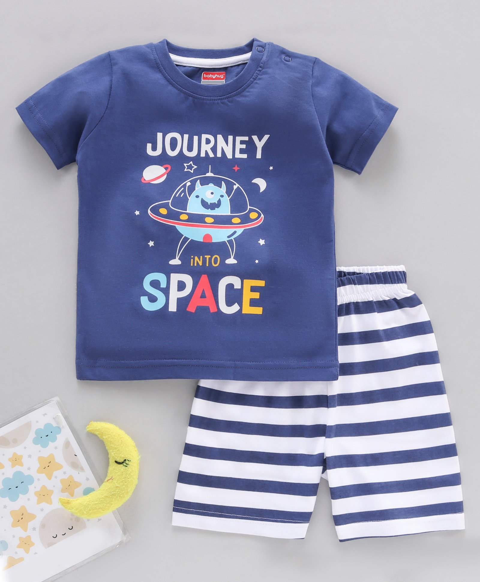 Babyhug Cotton Half Sleeves Night Suit Stripes and Journey into Space Print - Navy Blue-image-27