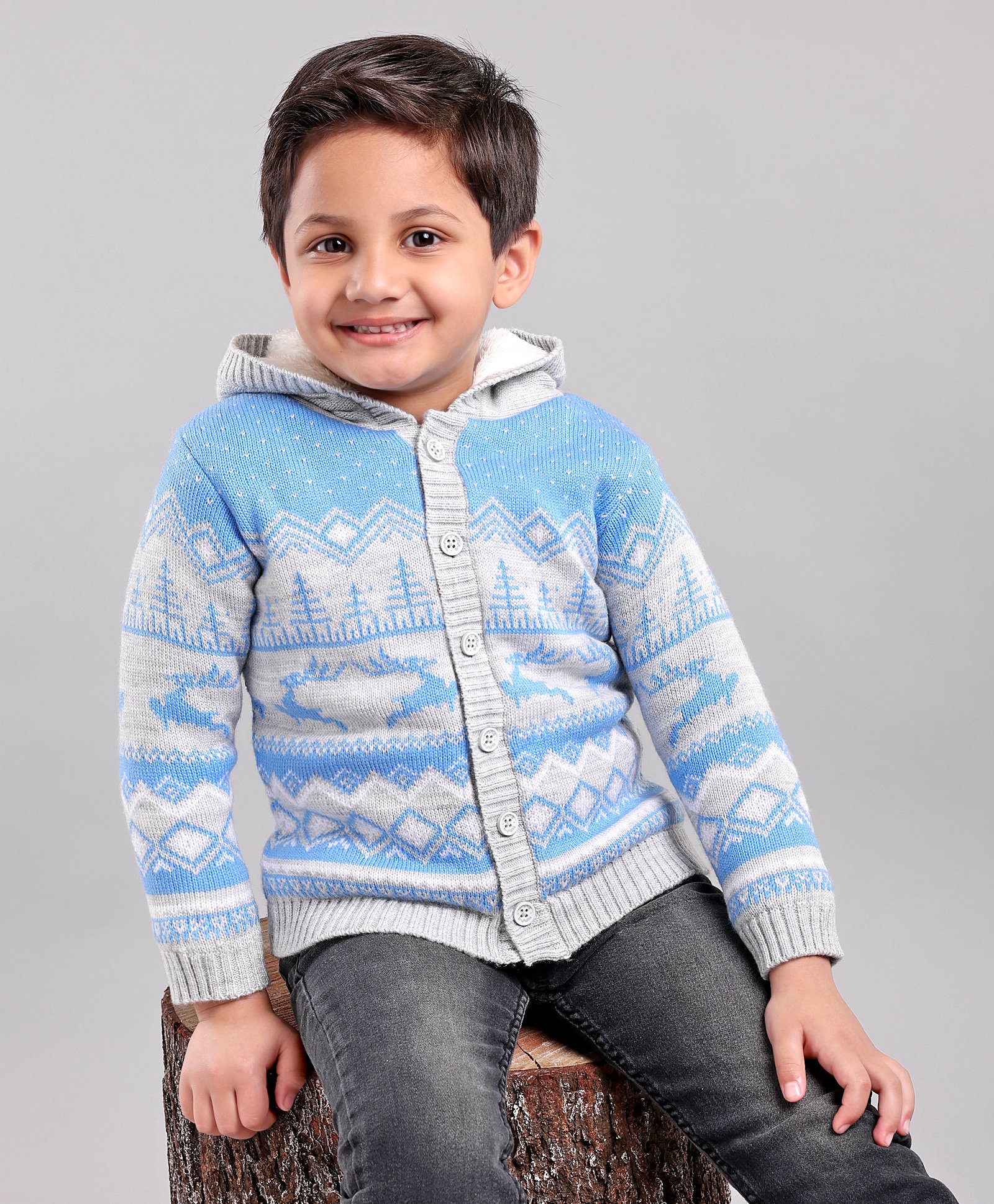 Babyhug Knit Full Sleeves Intarsia Printed Hooded Sweater - Grey Blue-image-23